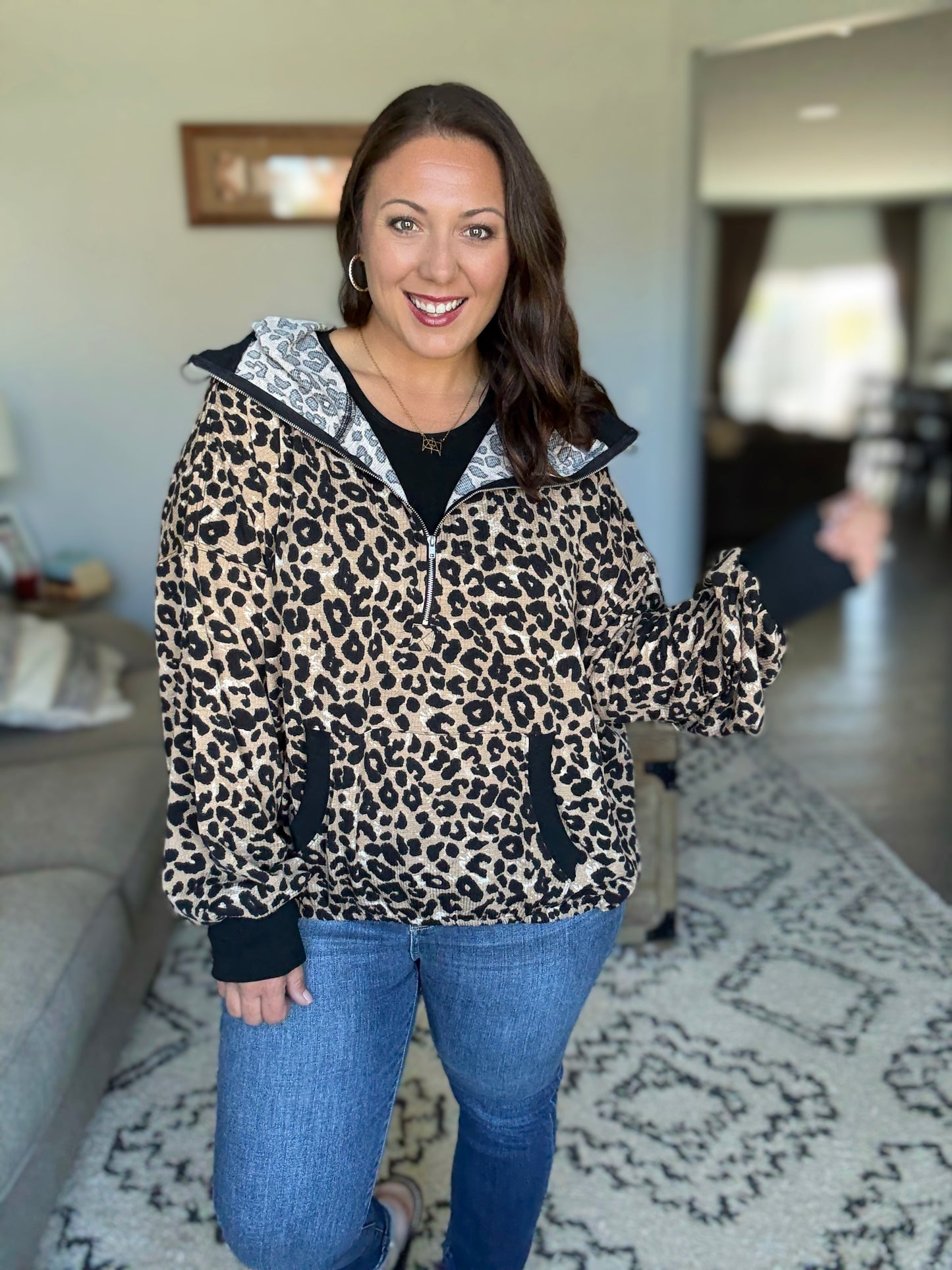BiBi Leopard Print Textured Half Zip Up Hoodie