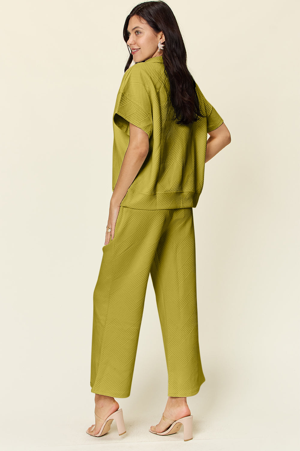 Textured Half Zip Short Sleeve Top and Wide Leg Crop Pants Set in 8 Colors