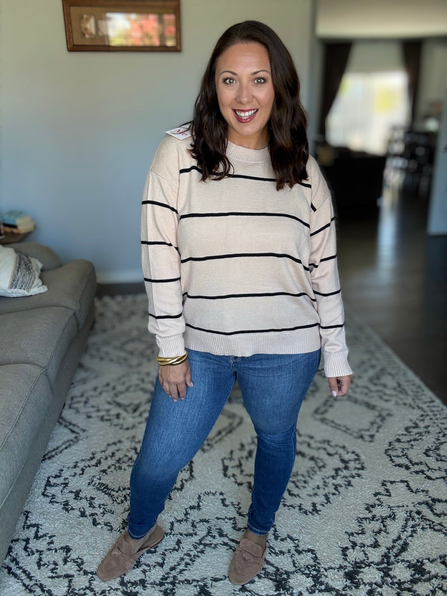 SO ME Striped Crew Neck Essential Sweater in Oatmeal/Black
