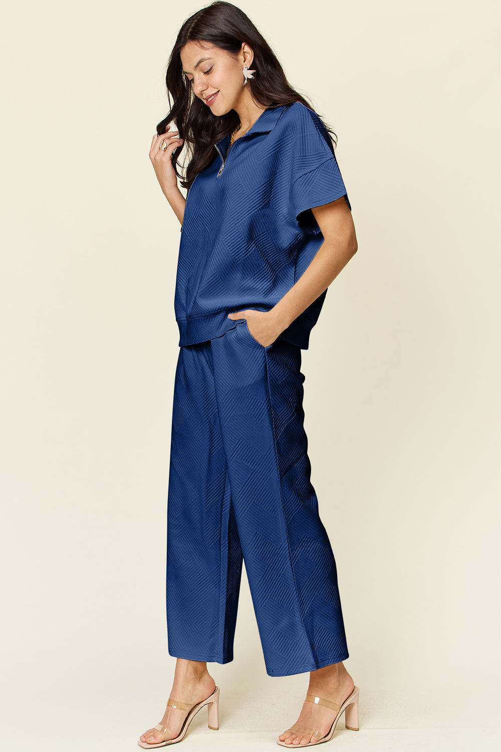 Textured Half Zip Short Sleeve Top and Wide Leg Crop Pants Set in 8 Colors