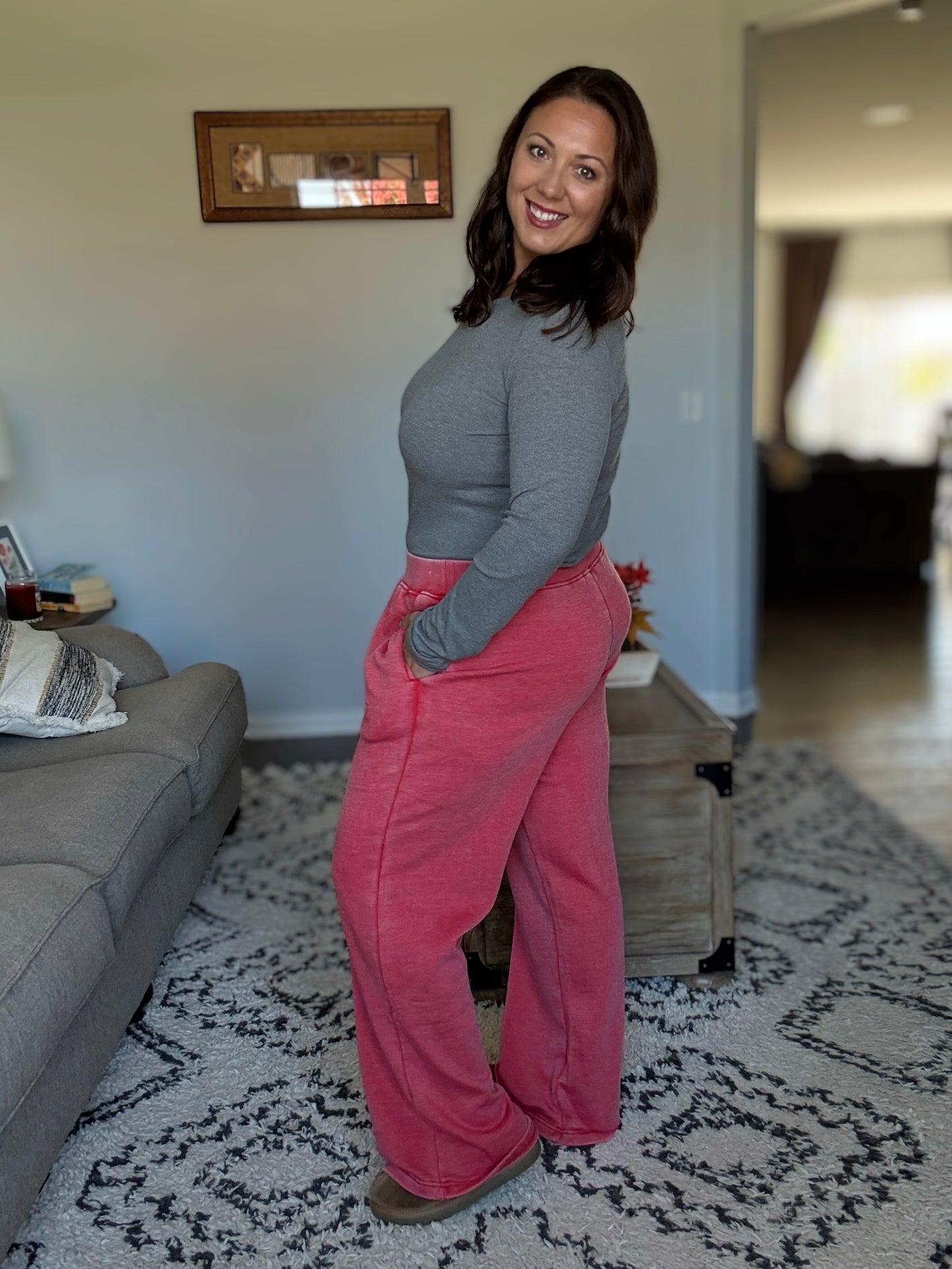 Michelle Mae Wide Leg Vintage Wash Bottoms - Red