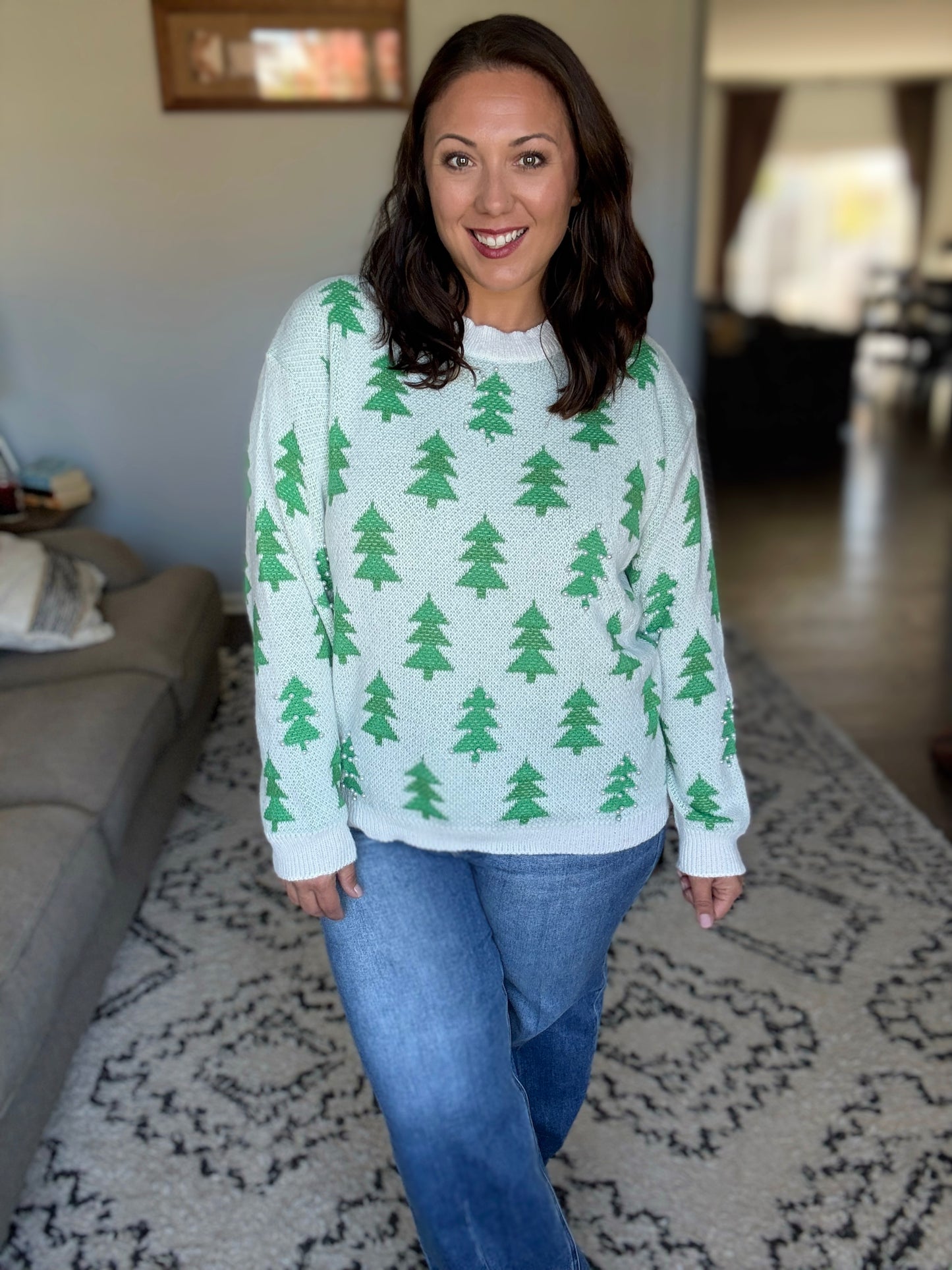 BiBi Pearl Detail Christmas Tree Jacquard Sweater