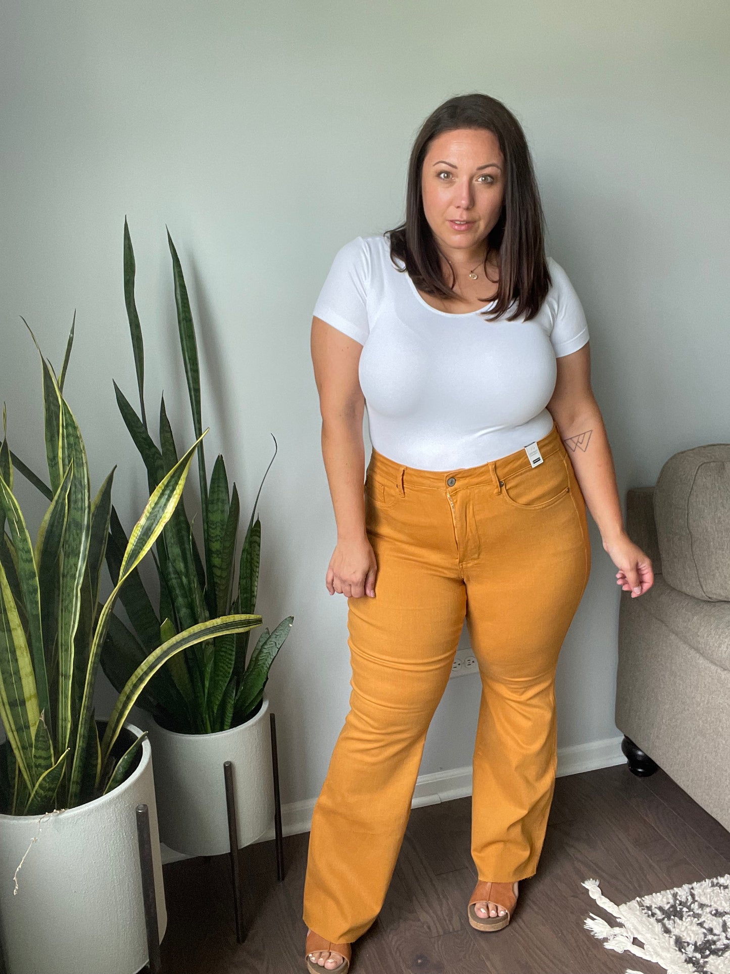 Melinda High Rise Control Top Flare Jeans in Dark Marigold