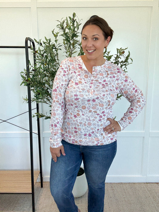 Michelle Mae Button Snap Henley Top - Pink Fall Vintage Floral