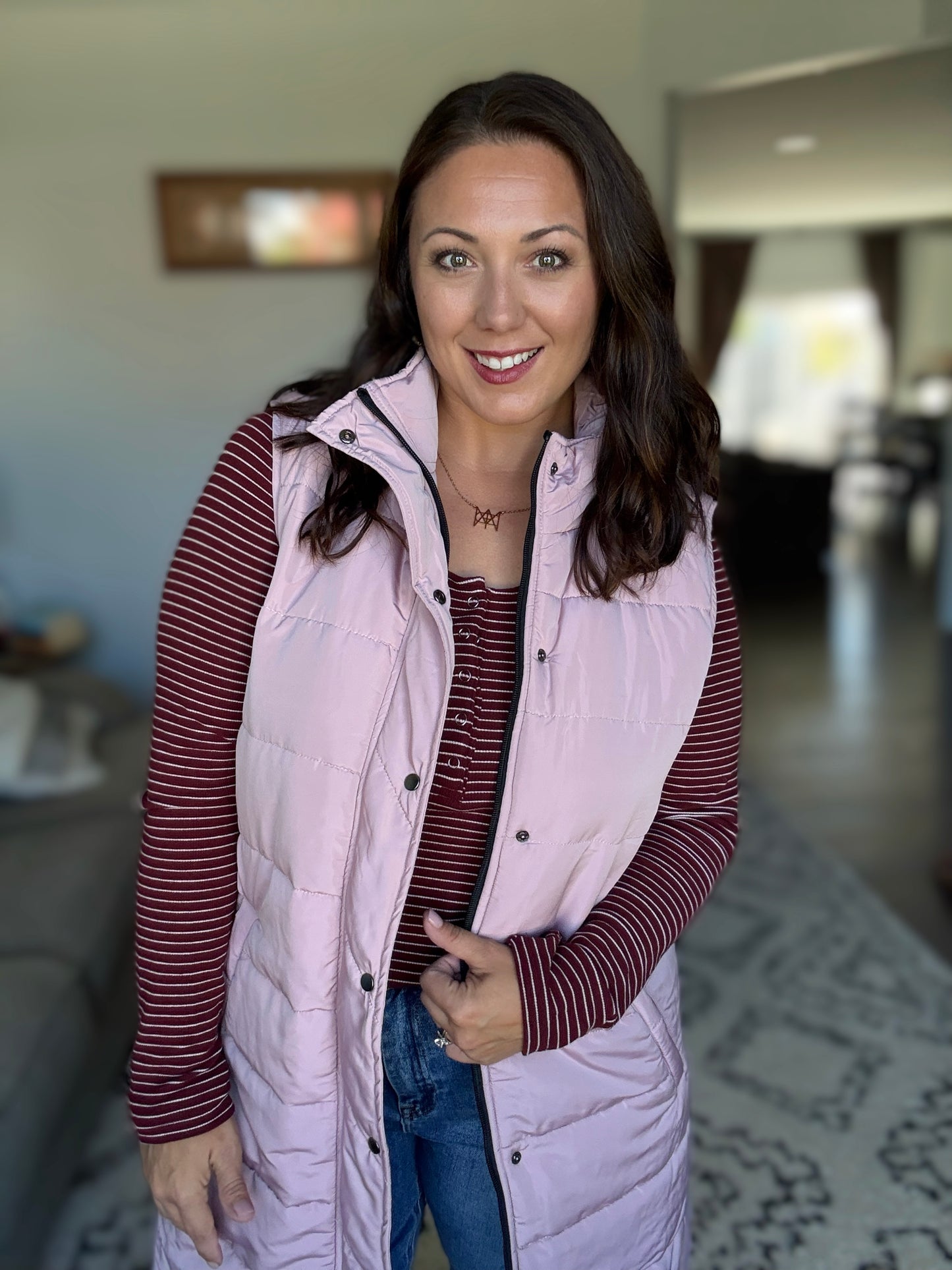 Michelle Mae Striped Henley Long Sleeve - Burgundy