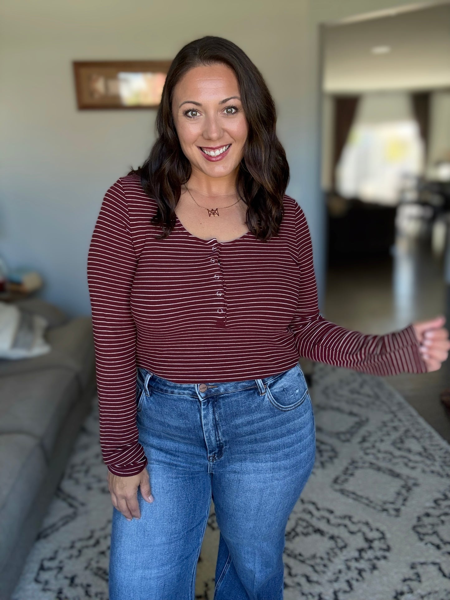 Michelle Mae Striped Henley Long Sleeve - Burgundy