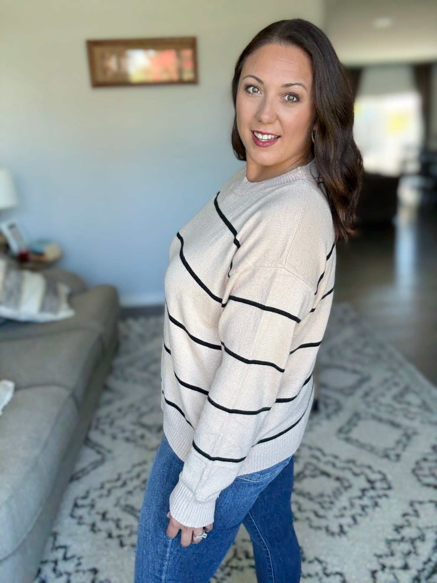SO ME Striped Crew Neck Essential Sweater in Oatmeal/Black
