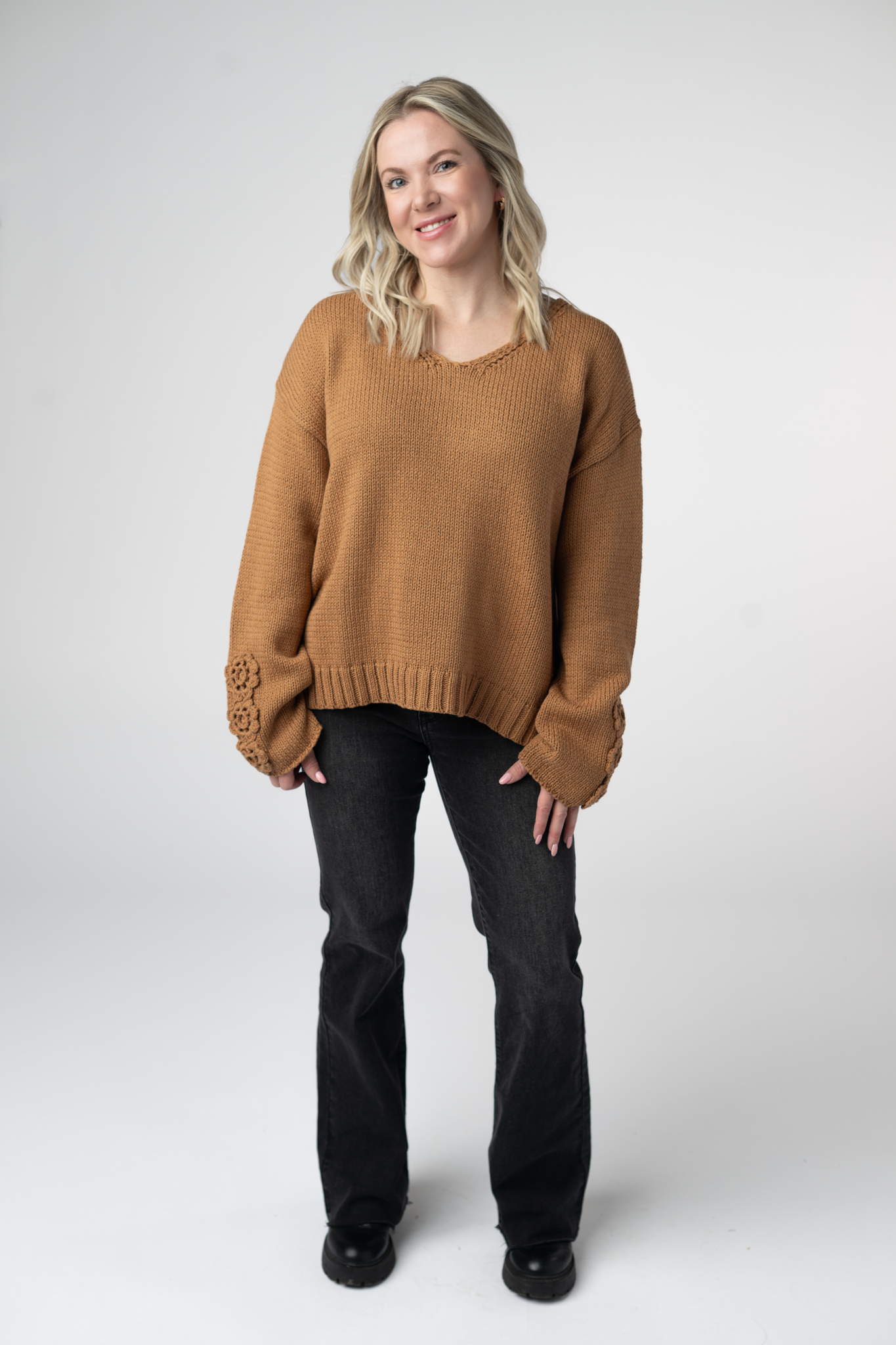 Michelle Mae Crochet Sleeve Top - Camel