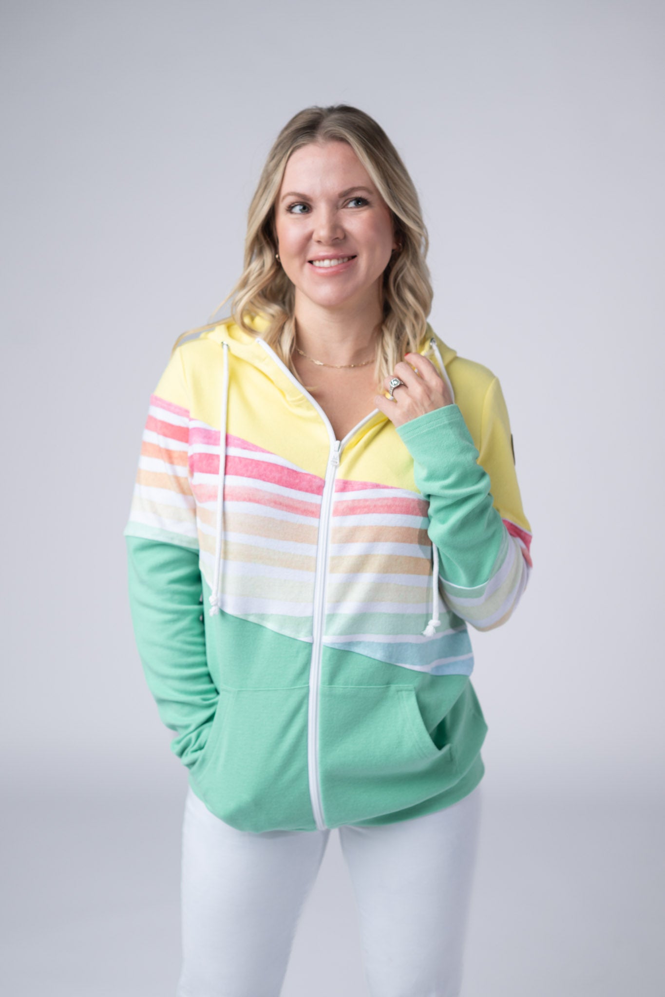 Michelle Mae Colorblock Fullzip - Yellow, Rainbow Stripes, and Lime
