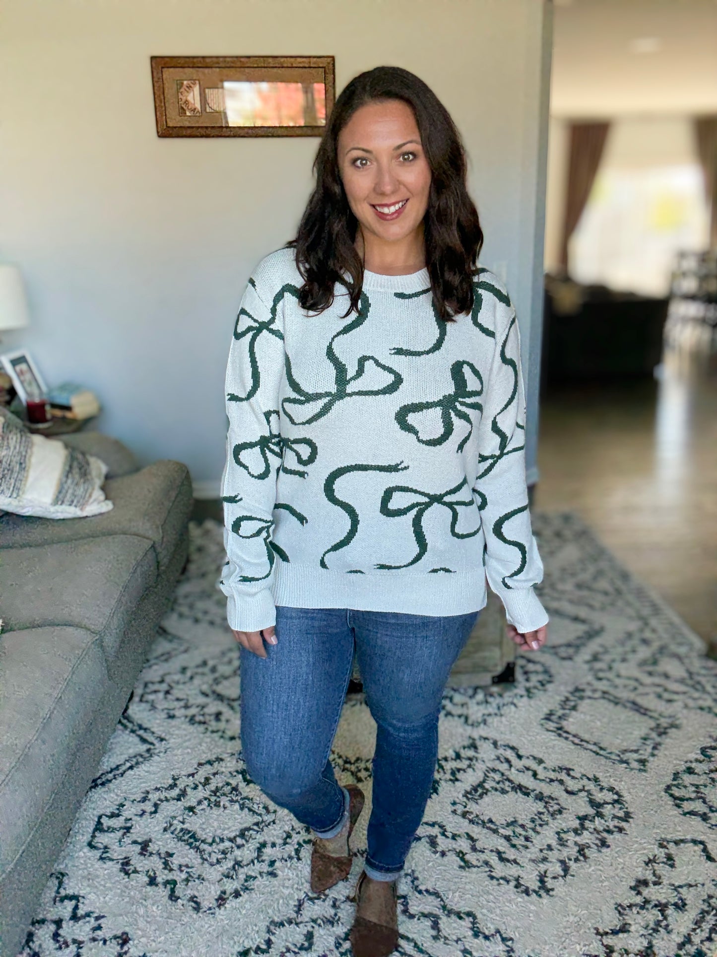 Michelle Mae Ribbons Sweater - Ivory and Hunter Green