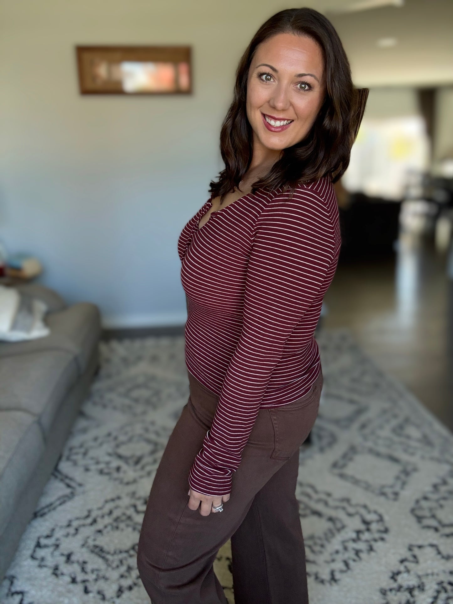 Michelle Mae Striped Henley Long Sleeve - Burgundy