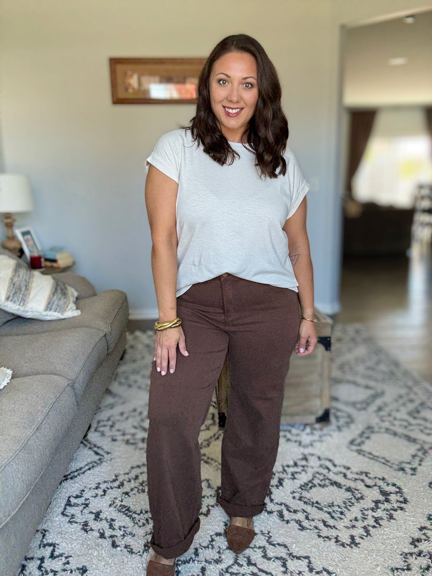 RISEN Full Size Tummy Control Mid Rise Ankle Relaxed Barrel Jeans in Cocoa
