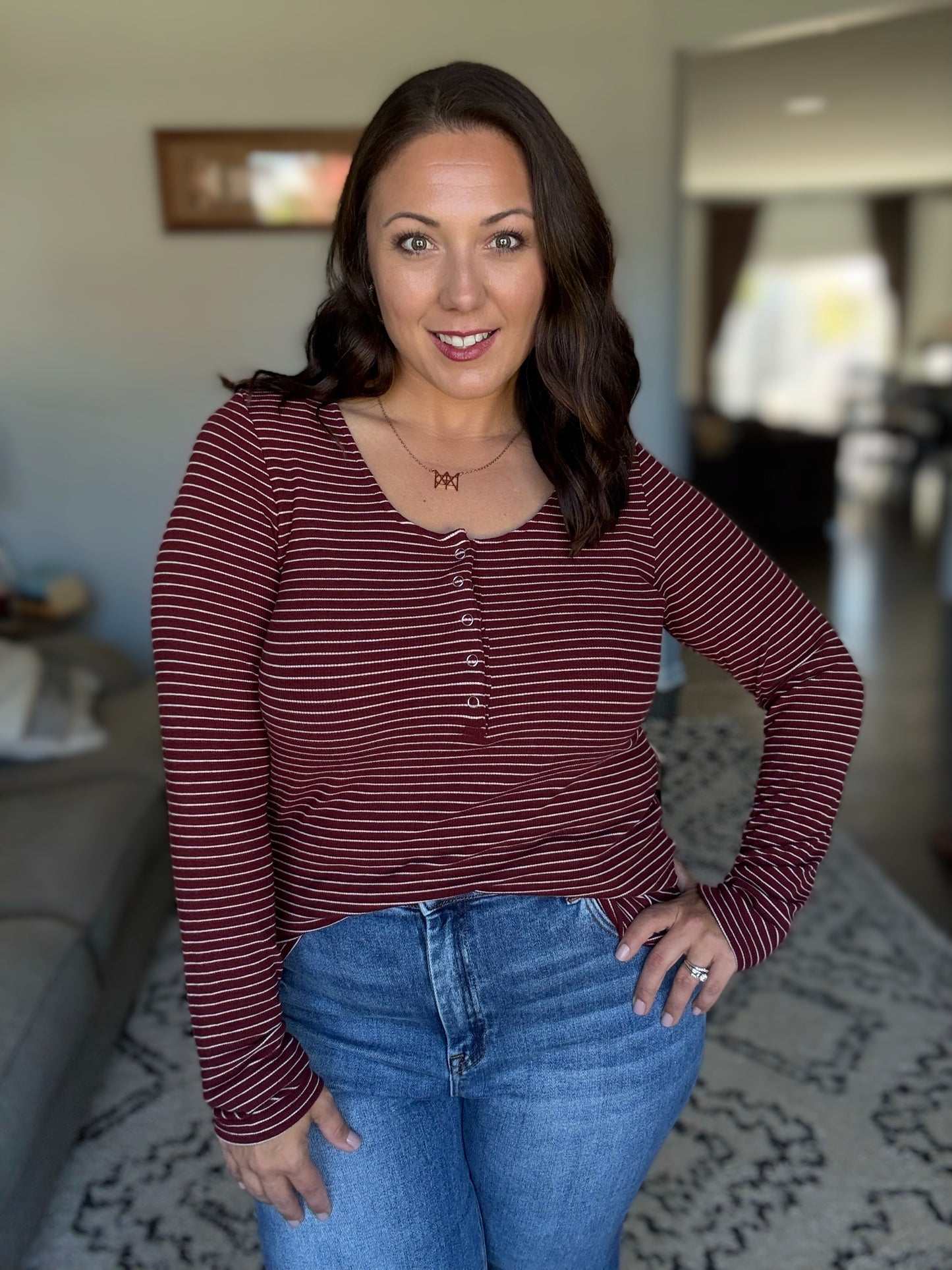 Michelle Mae Striped Henley Long Sleeve - Burgundy
