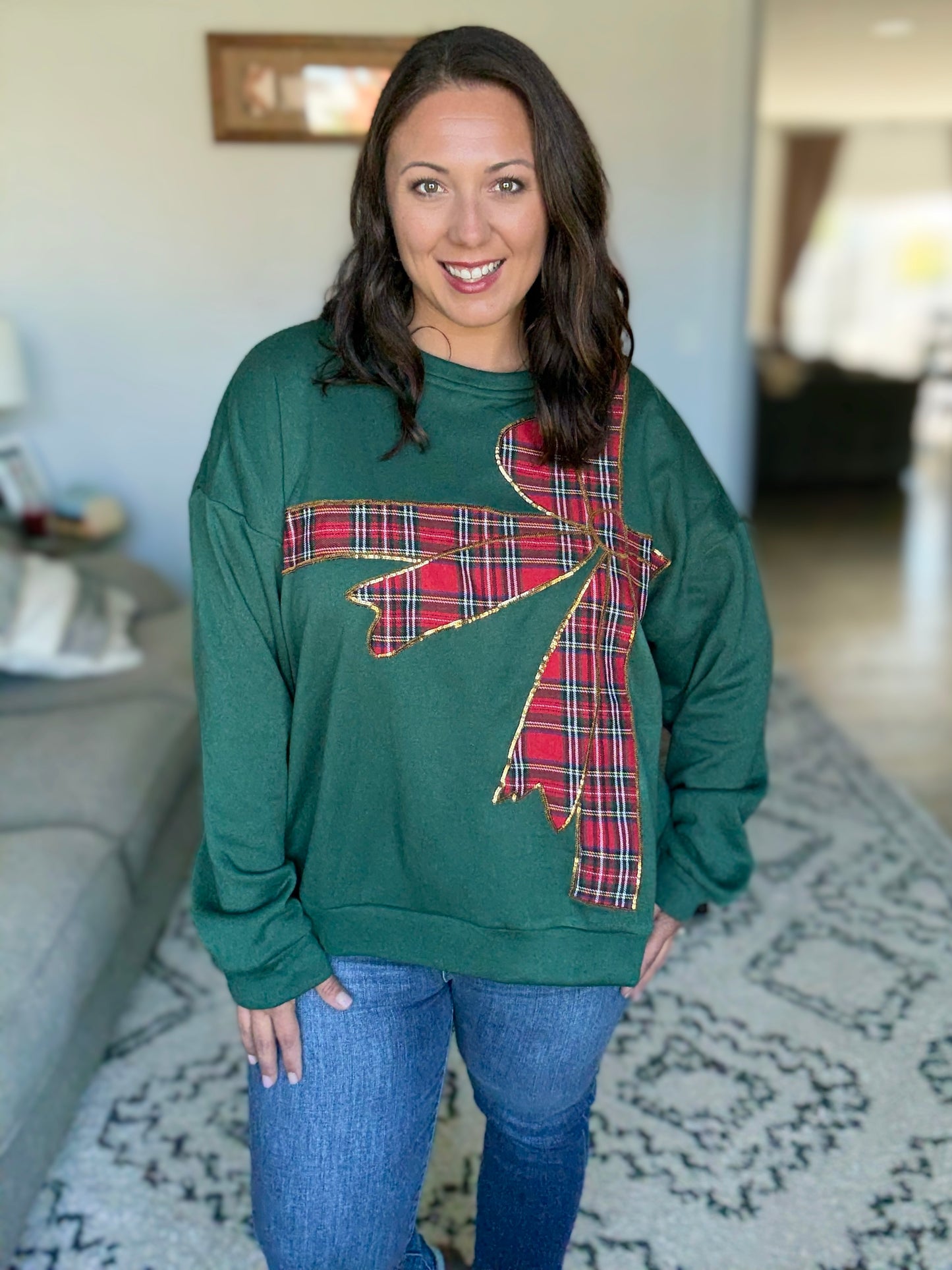 BiBi Sequin Plaid Bowl Christmas Fleece Pullover