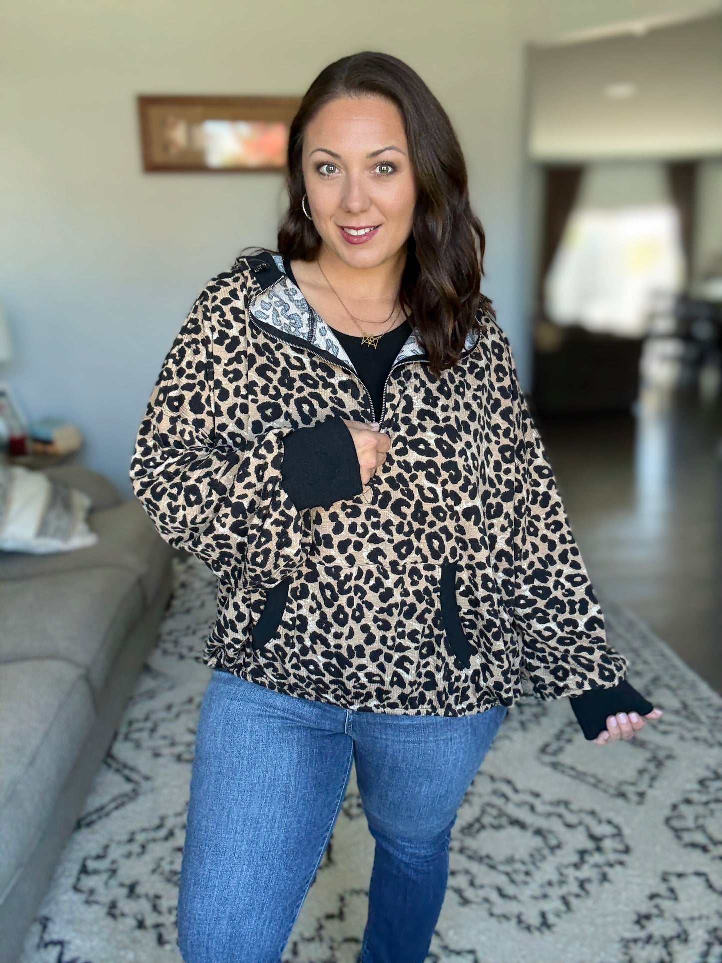 BiBi Leopard Print Textured Half Zip Up Hoodie
