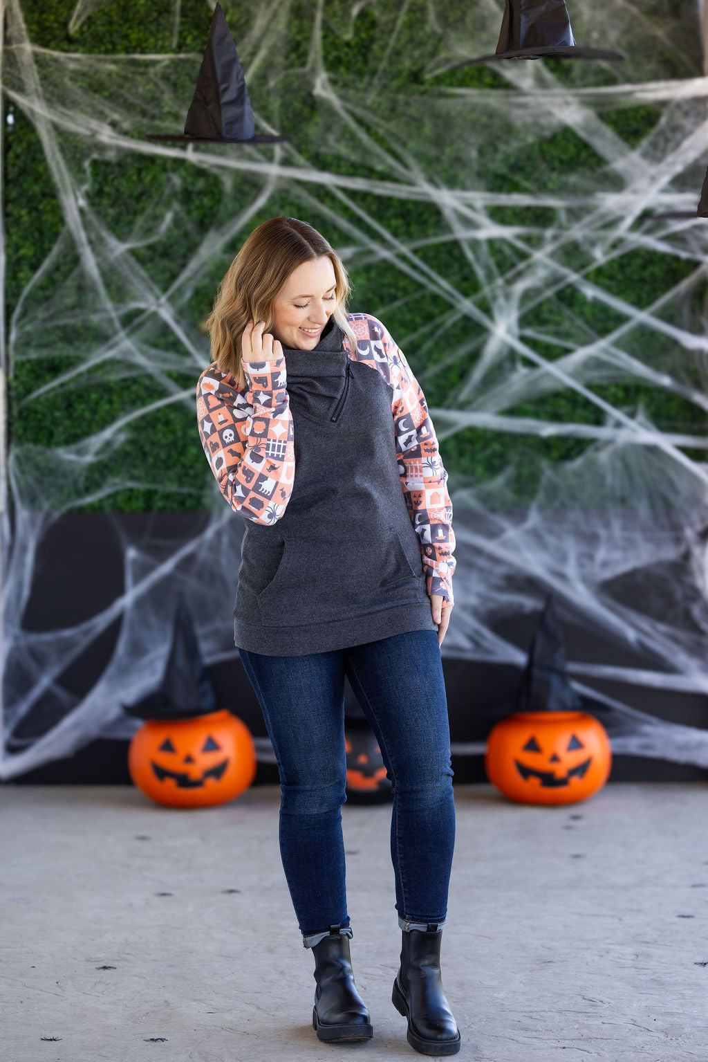 Michelle Mae Zoey ZipCowl Sweatshirt -Trick-or-Treat Checkered and Charcoal