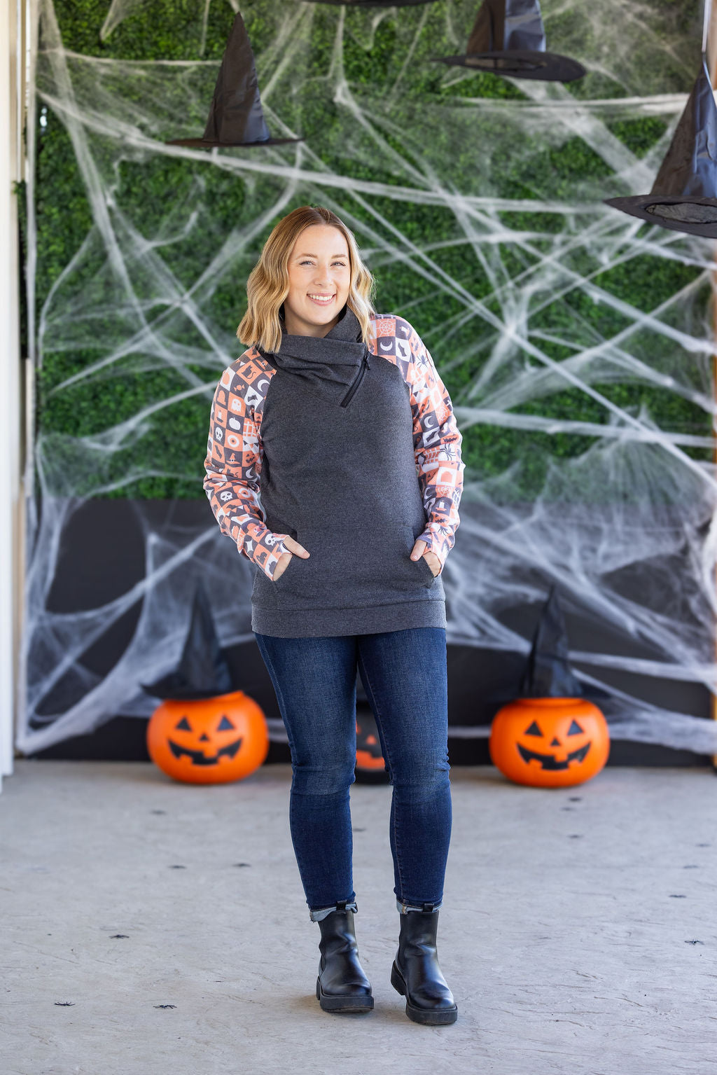 Michelle Mae Zoey ZipCowl Sweatshirt -Trick-or-Treat Checkered and Charcoal