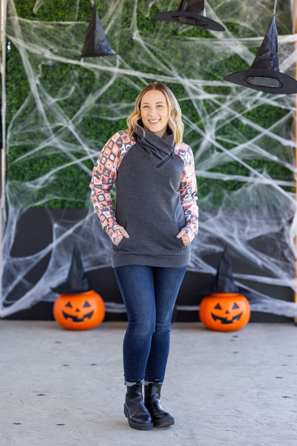 Michelle Mae Zoey ZipCowl Sweatshirt -Trick-or-Treat Checkered and Charcoal