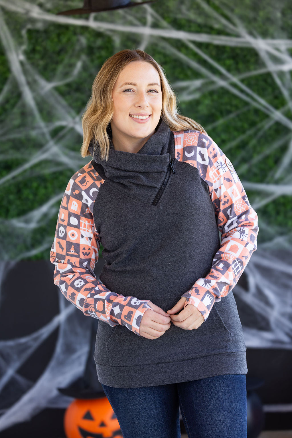Michelle Mae Zoey ZipCowl Sweatshirt -Trick-or-Treat Checkered and Charcoal