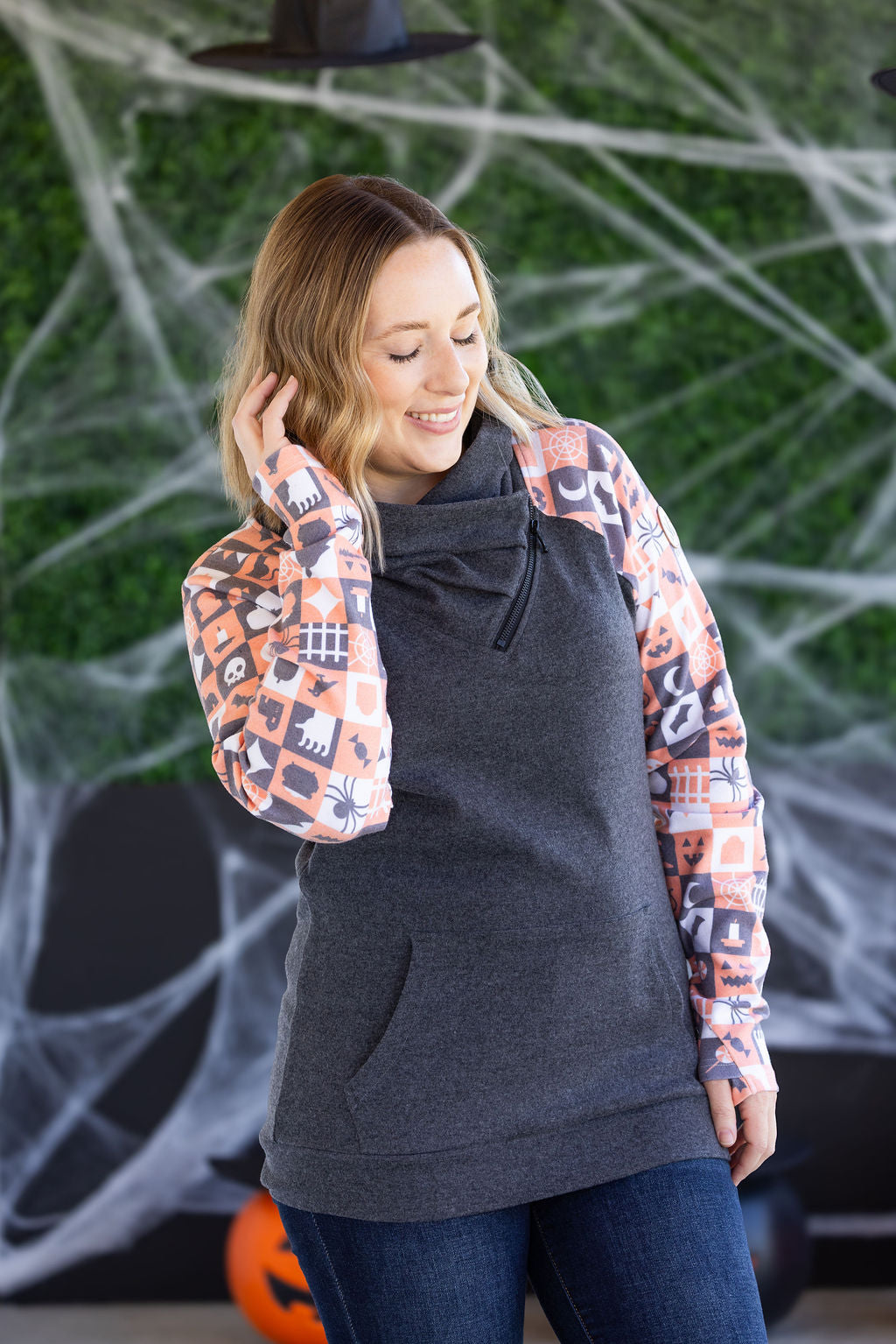 Michelle Mae Zoey ZipCowl Sweatshirt -Trick-or-Treat Checkered and Charcoal