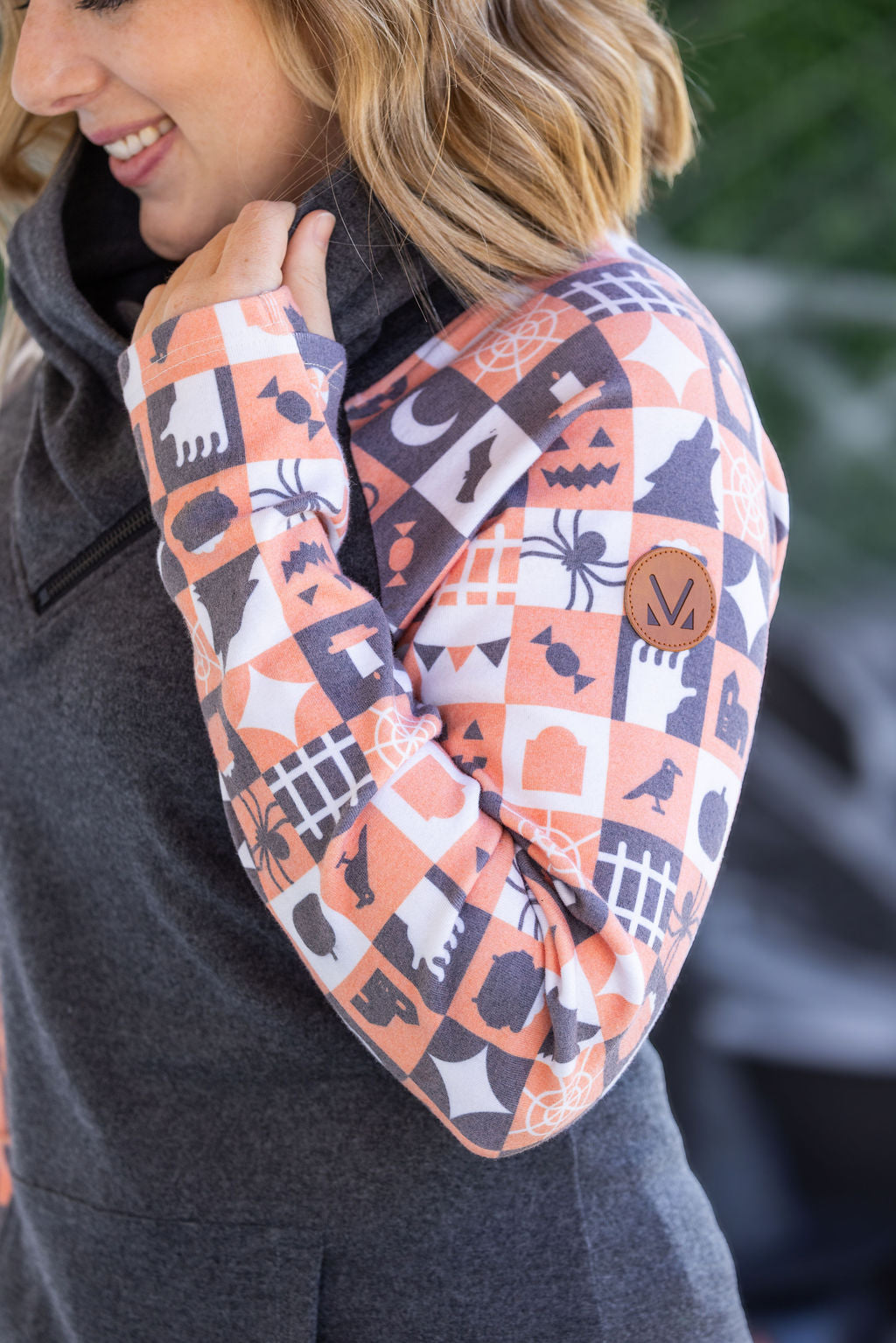 Michelle Mae Zoey ZipCowl Sweatshirt -Trick-or-Treat Checkered and Charcoal