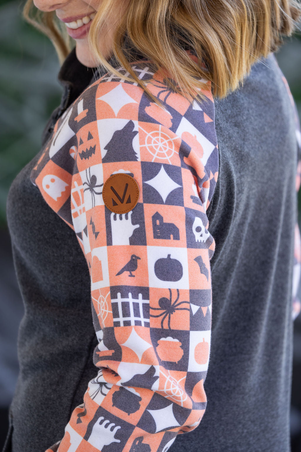 Michelle Mae Zoey ZipCowl Sweatshirt -Trick-or-Treat Checkered and Charcoal
