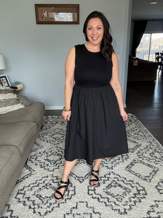 She + Sky Sleeveless Poplin Woven Midi Dress with Pockets in Black