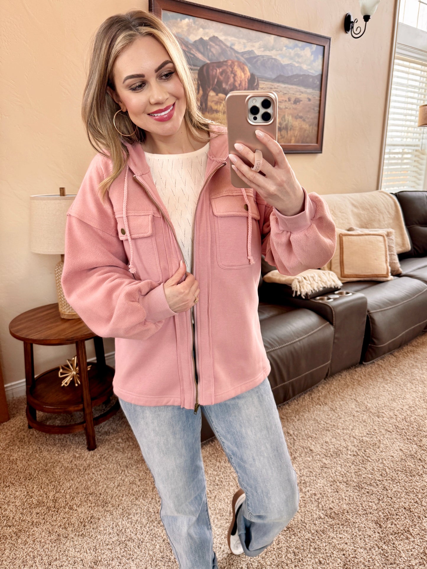 Fleece Sweatshirt Jacket In Rose