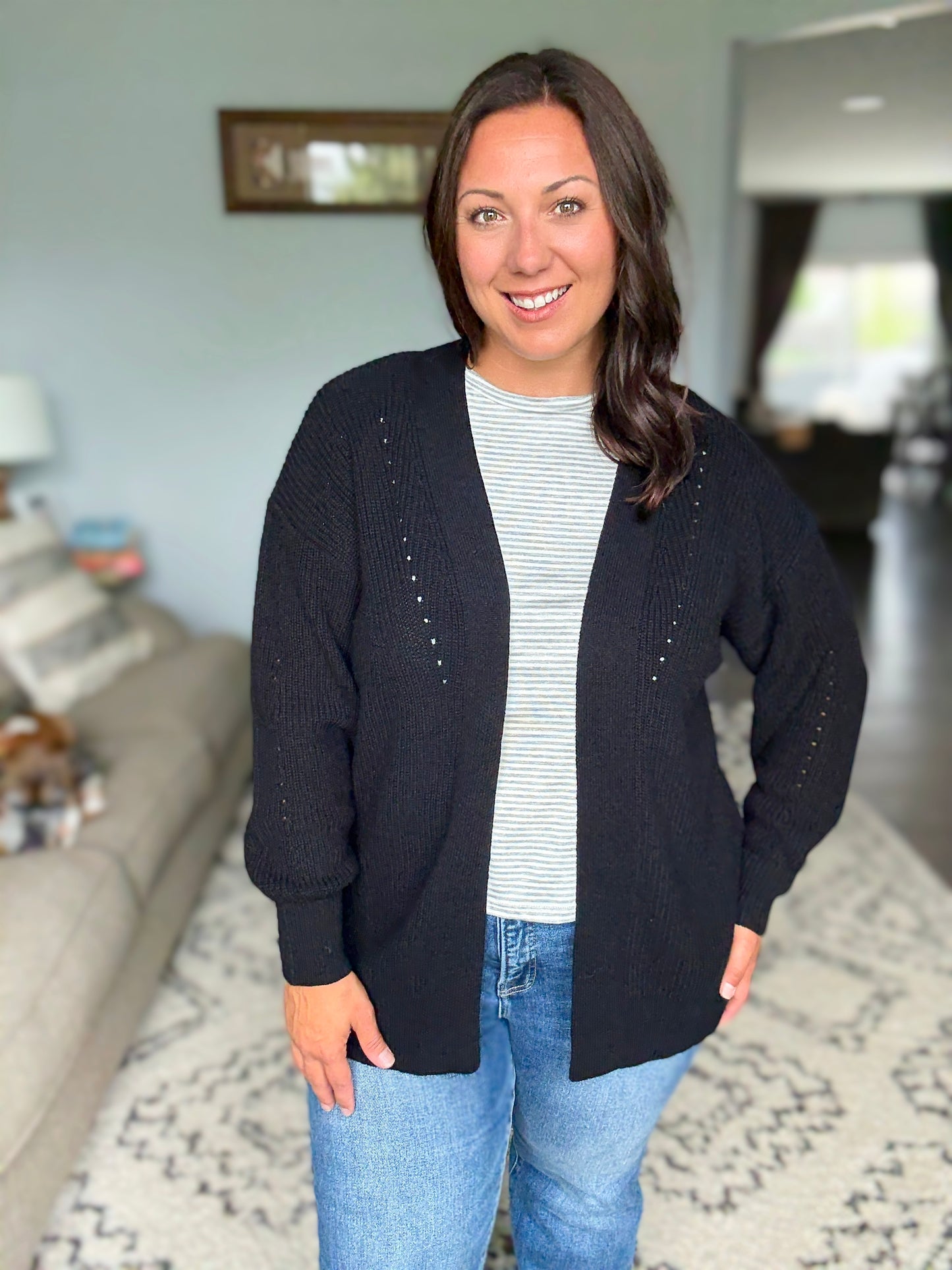 Zenana Eyelet Open Sweater Cardigan in Black