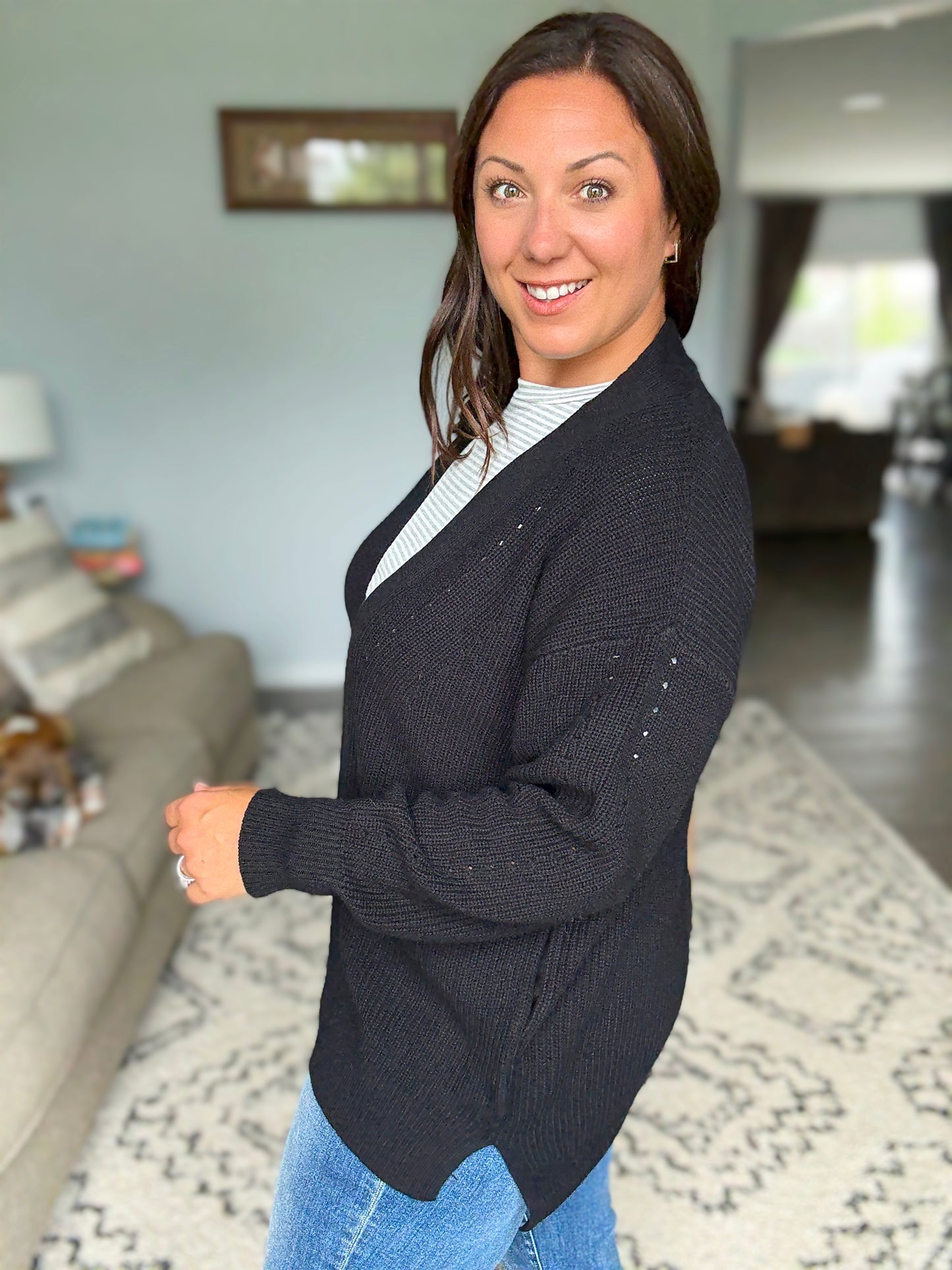 Zenana Eyelet Open Sweater Cardigan in Black