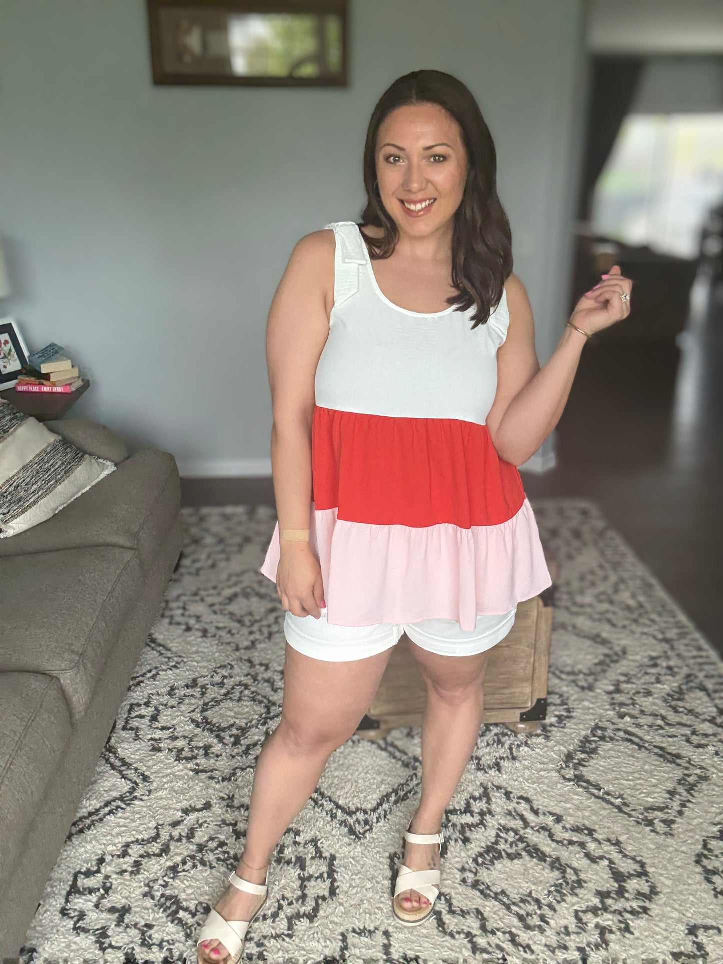 Lime 'N' Chili Color Block Sleeveless Tie Shoulder Babydoll Top in Coral Combo