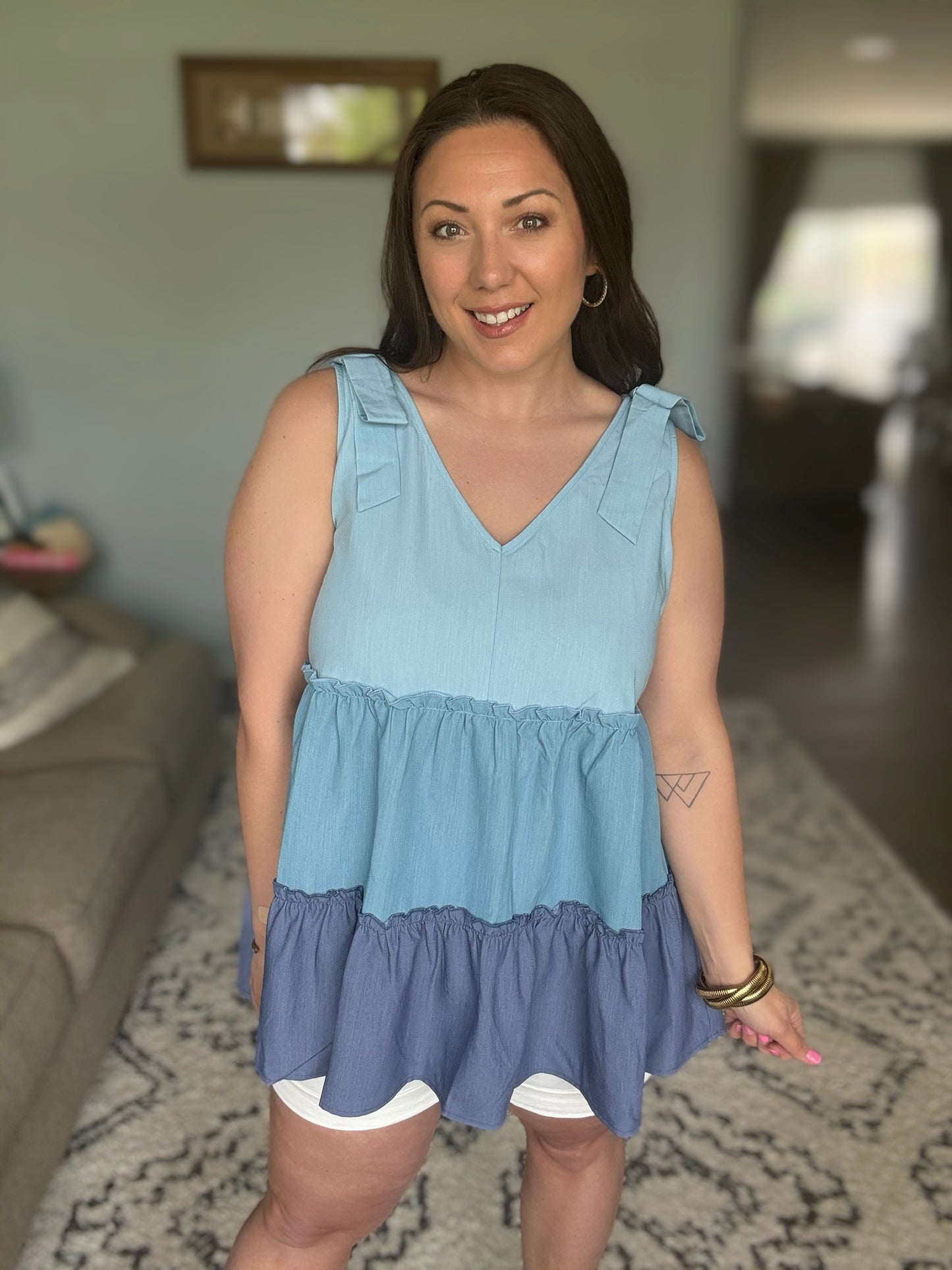 Lime 'N' Chili Color Block V-Neck Baby Doll Sleeveless in Denim Combo - Full Size