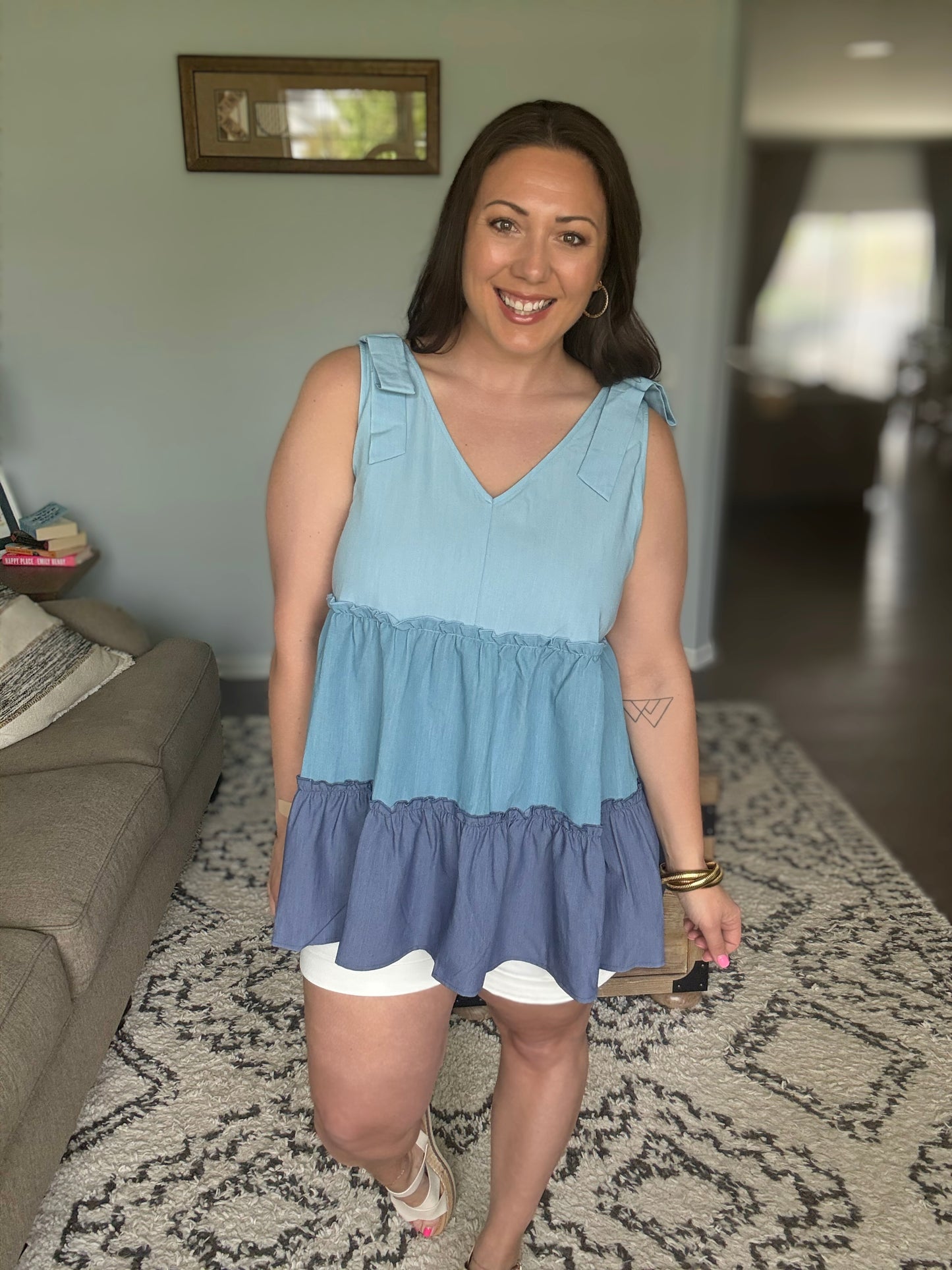 Lime 'N' Chili Color Block V-Neck Baby Doll Sleeveless in Denim Combo - Full Size