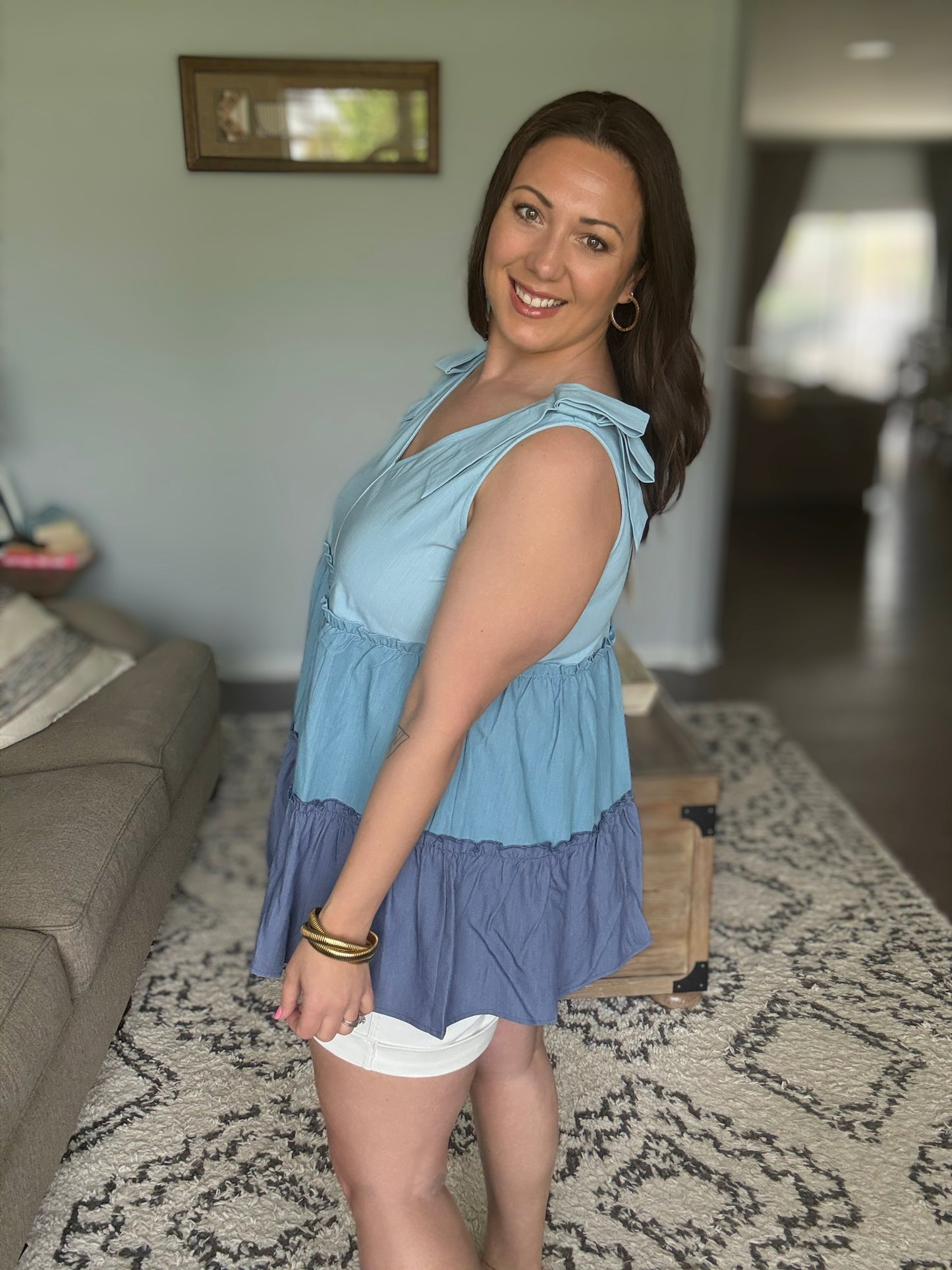 Lime 'N' Chili Color Block V-Neck Baby Doll Sleeveless in Denim Combo - Full Size
