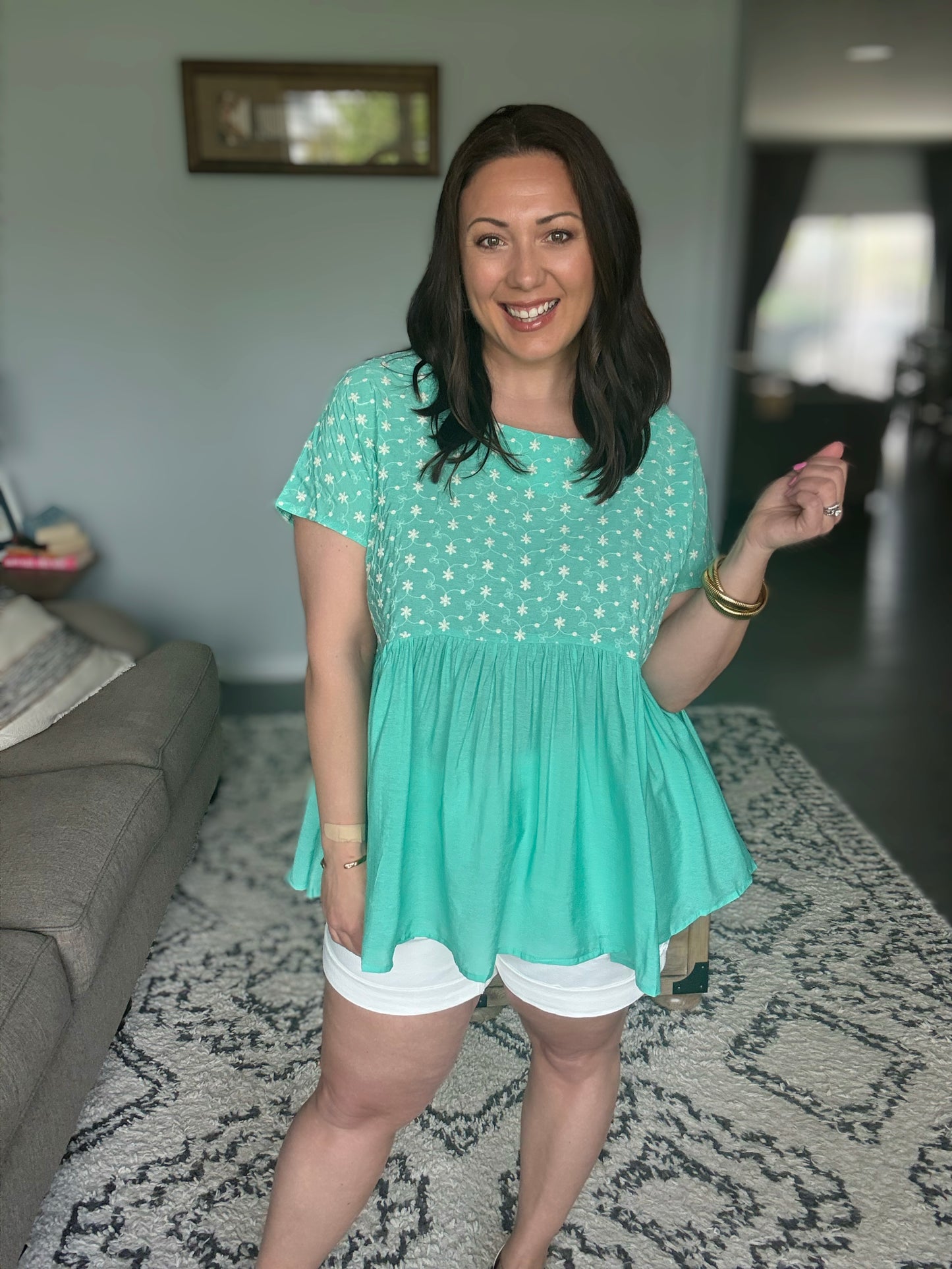 Lime 'N' Chili Embroidered Short Sleeve Babydoll Top in Mint - Full Size