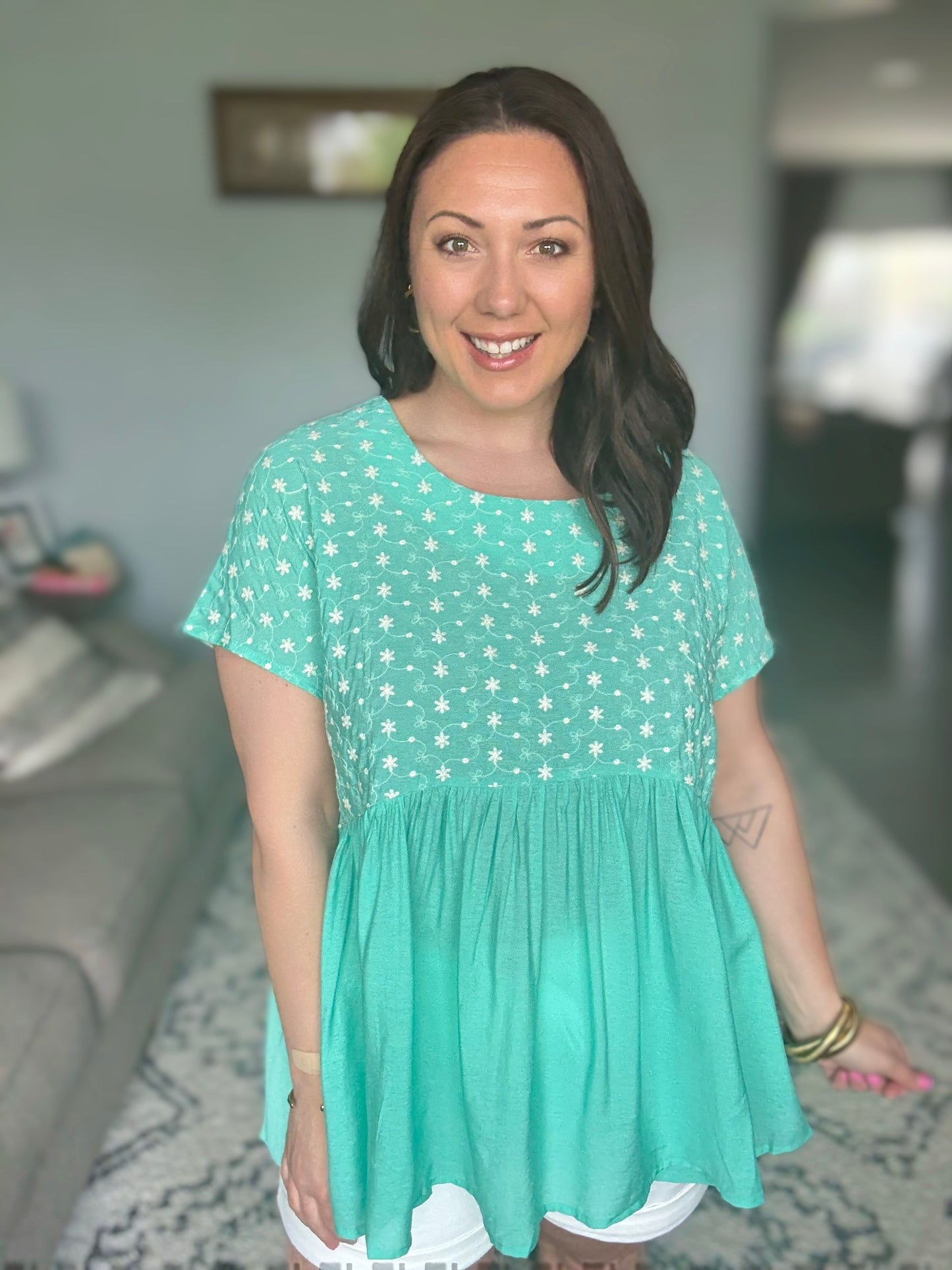 Lime 'N' Chili Embroidered Short Sleeve Babydoll Top in Mint - Full Size