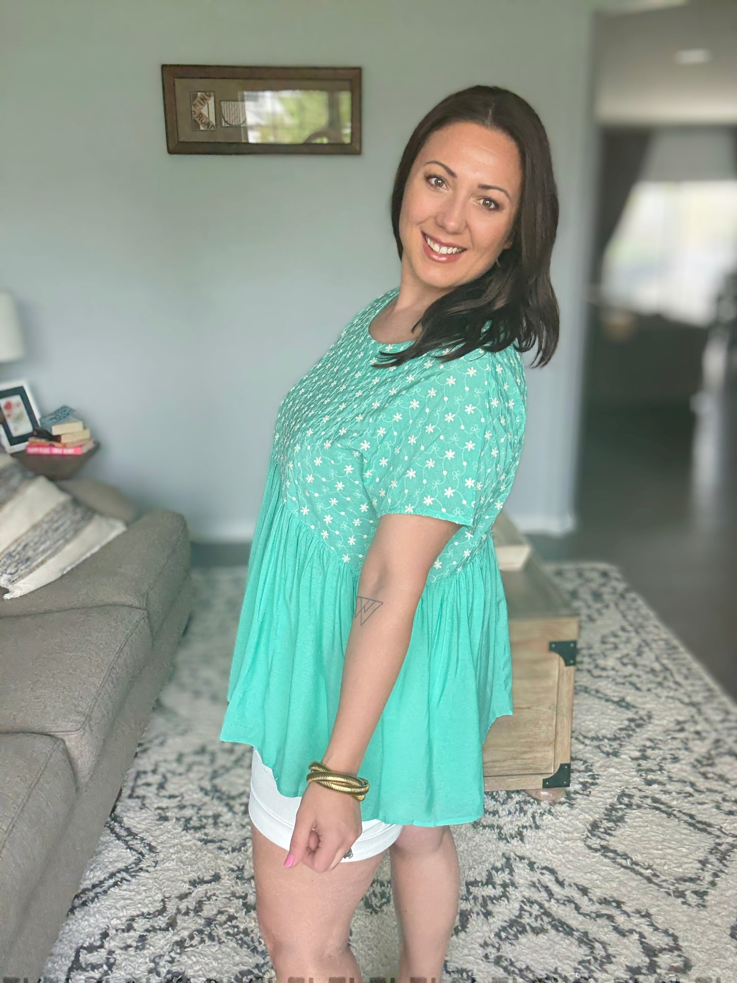 Lime 'N' Chili Embroidered Short Sleeve Babydoll Top in Mint - Full Size