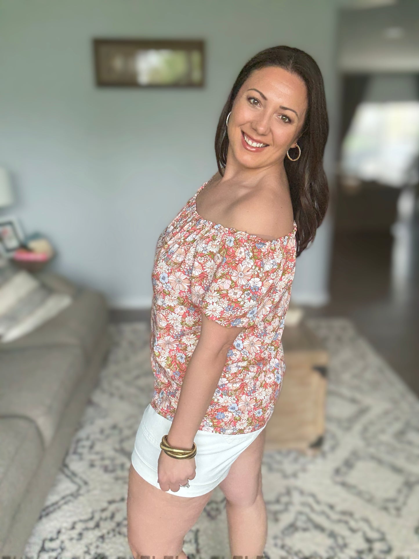 Lime 'N' Chili Floral Print Short Sleeve Off-The-Shoulder Blouse in Coral