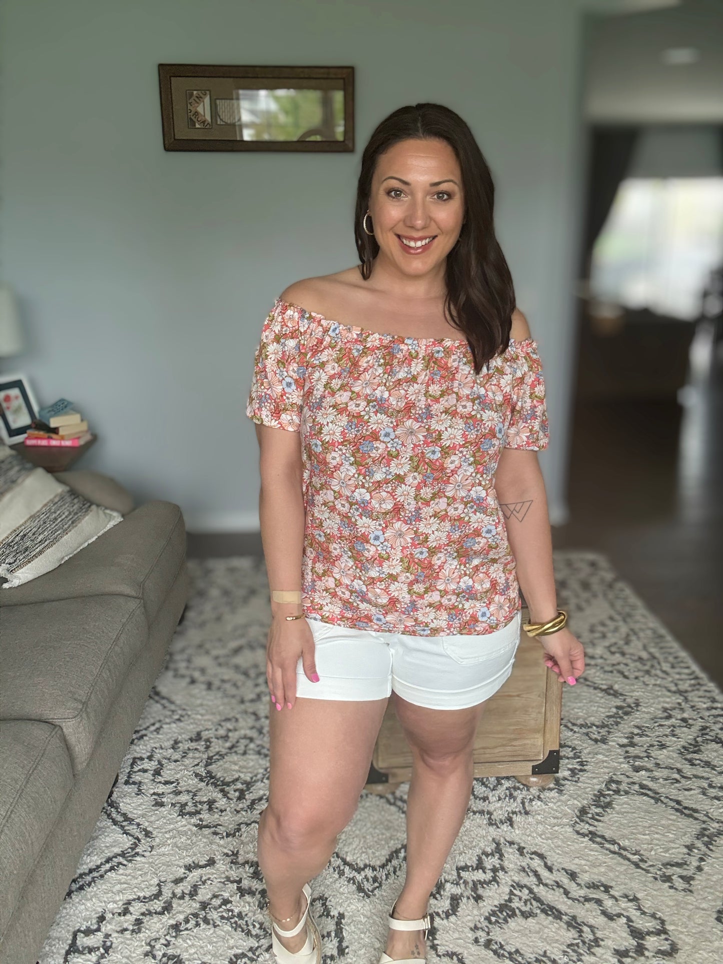 Lime 'N' Chili Floral Print Short Sleeve Off-The-Shoulder Blouse in Coral