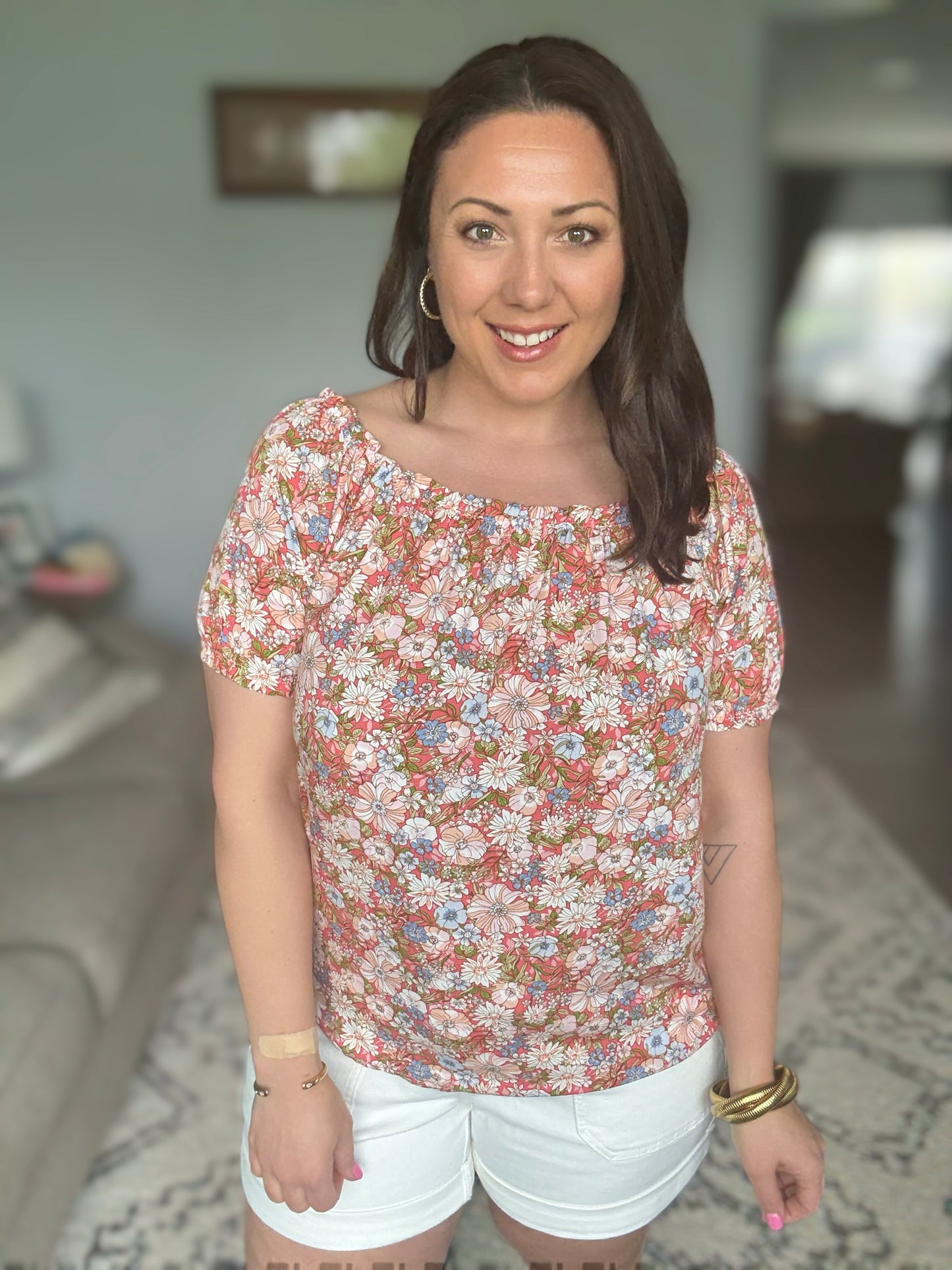 Lime 'N' Chili Floral Print Short Sleeve Off-The-Shoulder Blouse in Coral