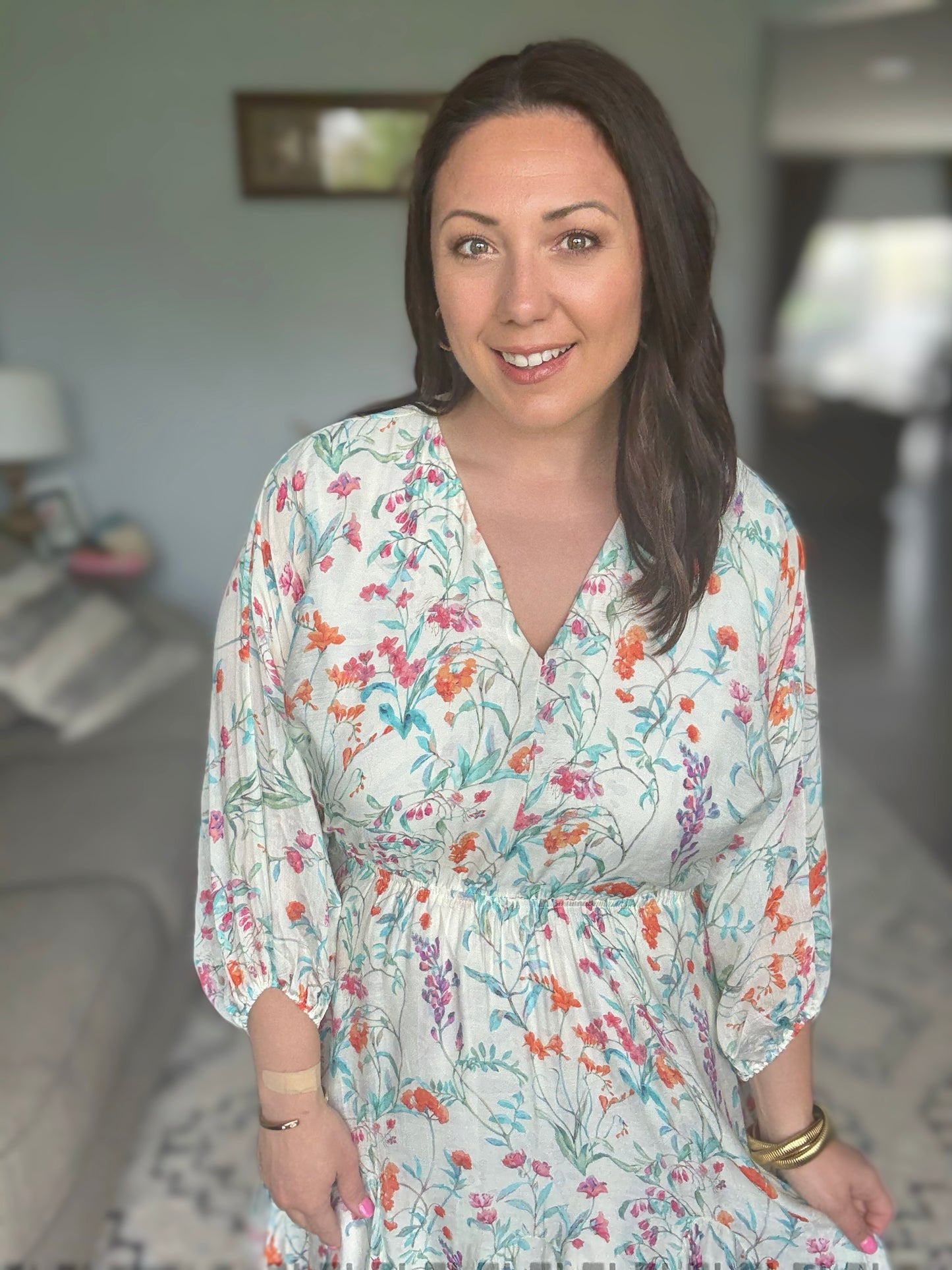 Lime 'N' Chili Watercolor Floral Cinched Waist Balloon Sleeve V-Neck Dress