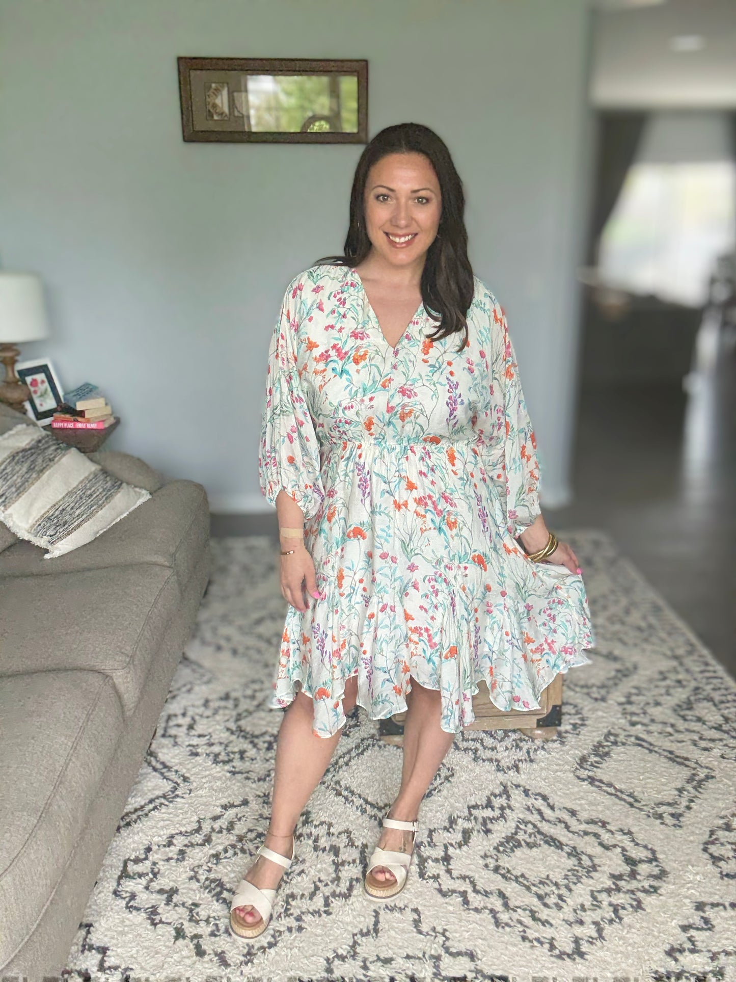 Lime 'N' Chili Watercolor Floral Cinched Waist Balloon Sleeve V-Neck Dress