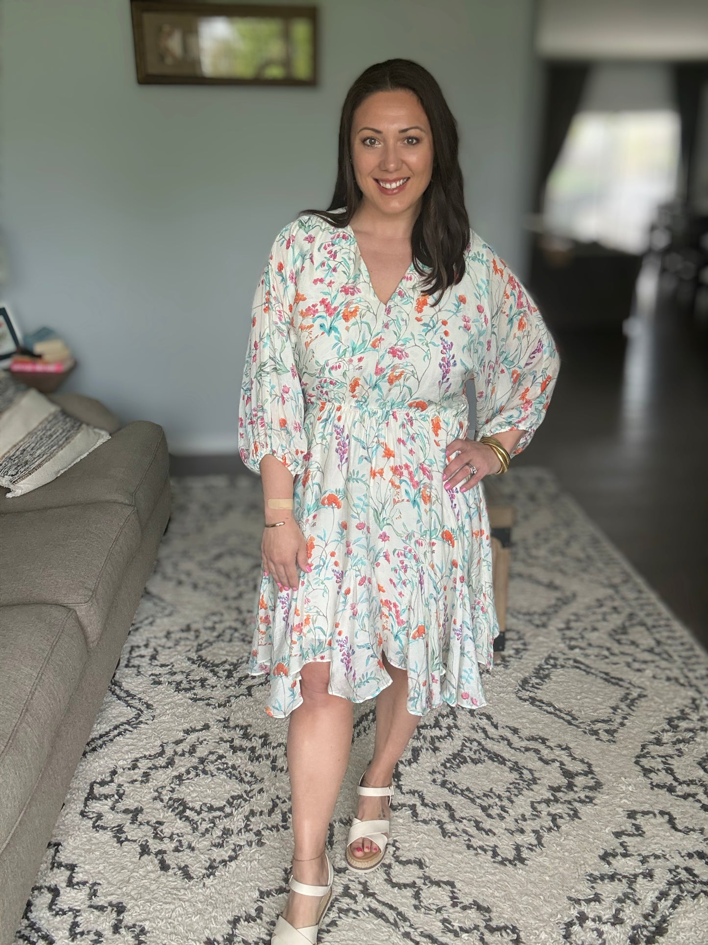 Lime 'N' Chili Watercolor Floral Cinched Waist Balloon Sleeve V-Neck Dress