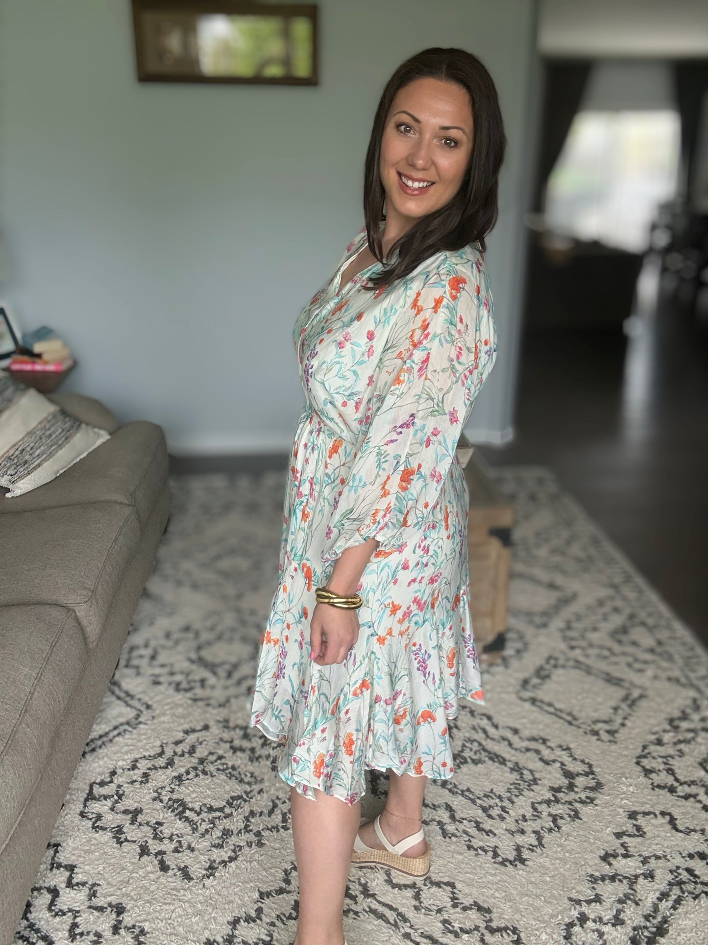 Lime 'N' Chili Watercolor Floral Cinched Waist Balloon Sleeve V-Neck Dress