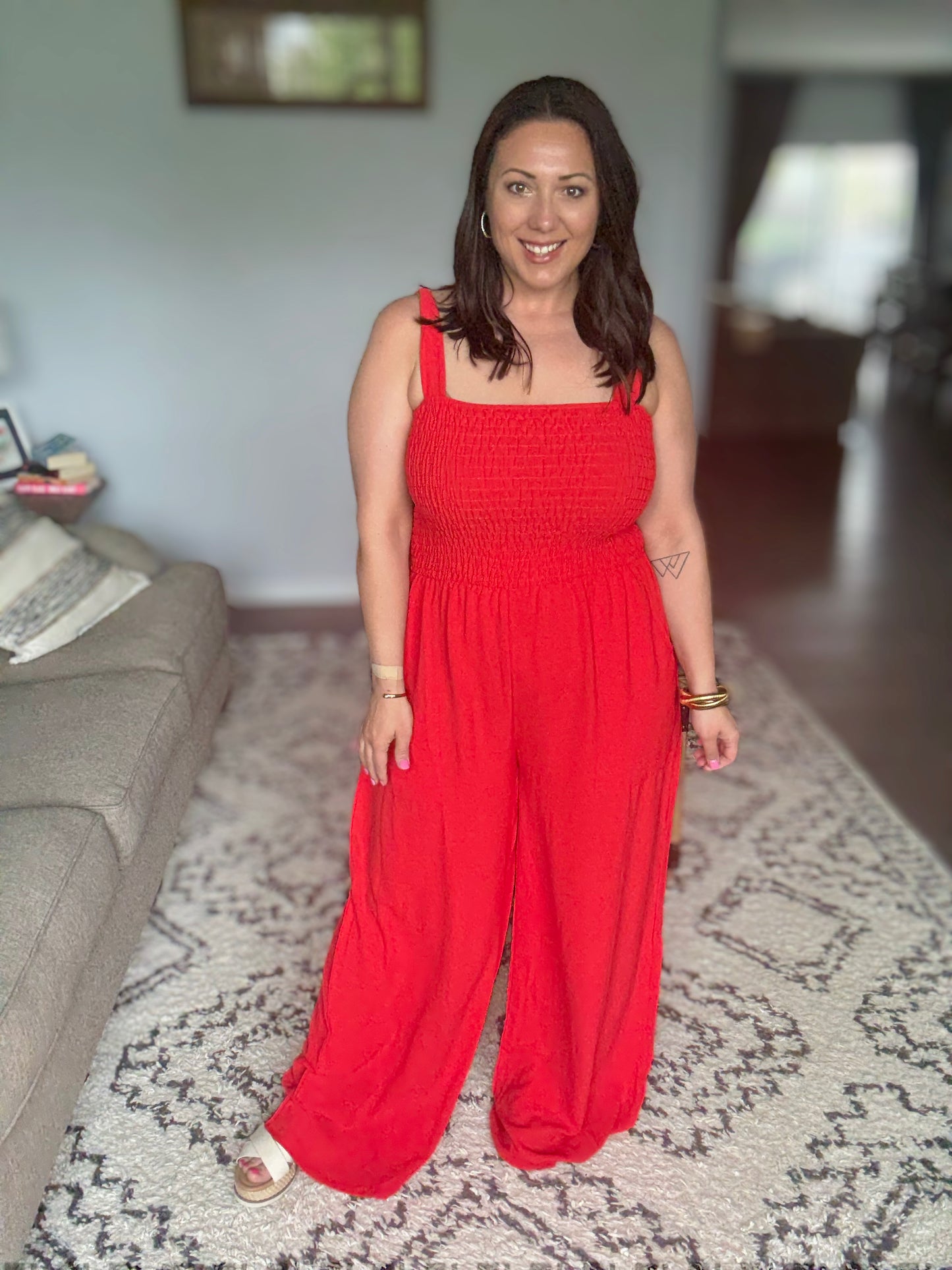 ADORA Smocking Top Wide Leg Jumpsuit in Poppy Red - Full Size