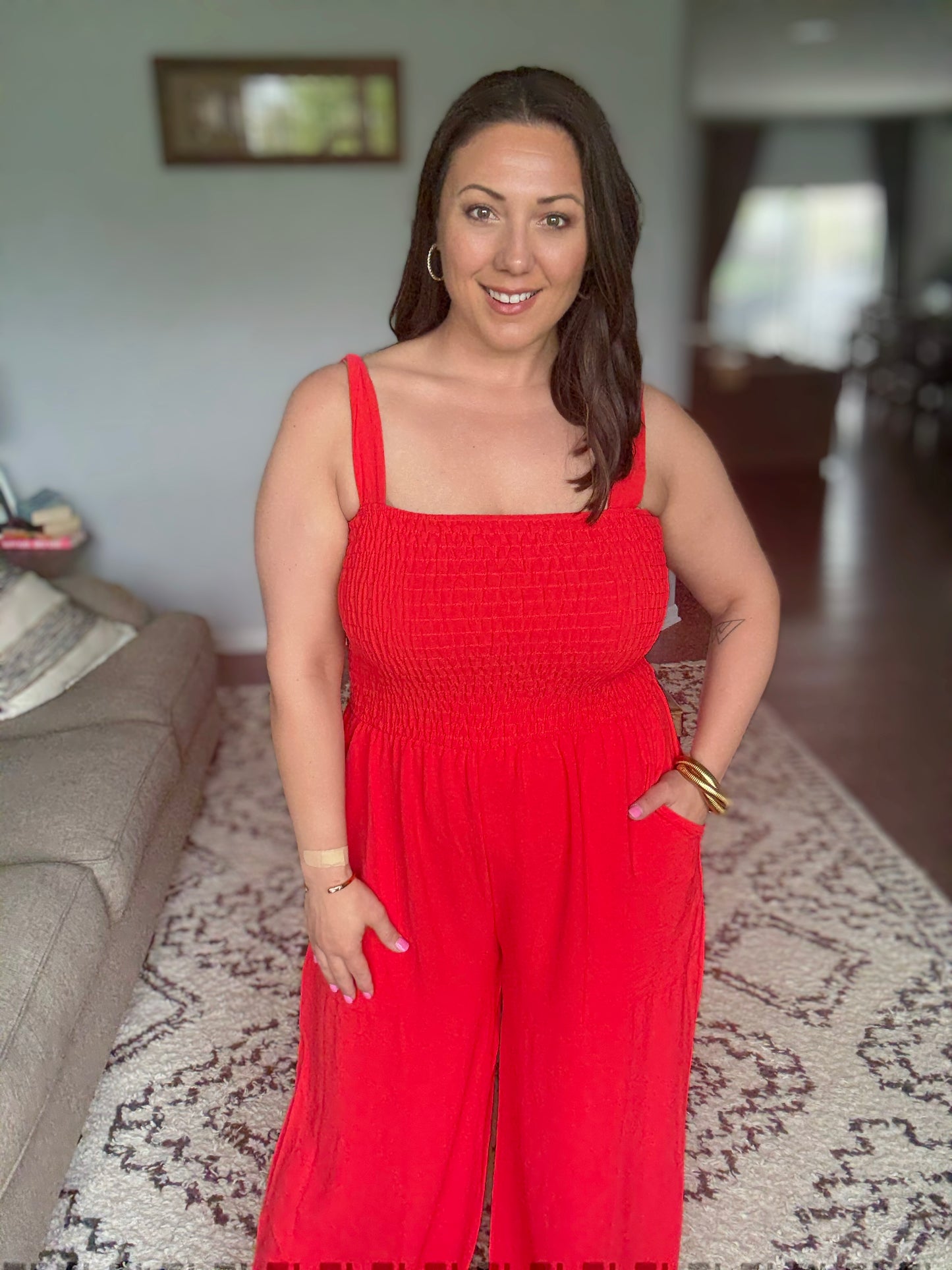 ADORA Smocking Top Wide Leg Jumpsuit in Poppy Red - Full Size