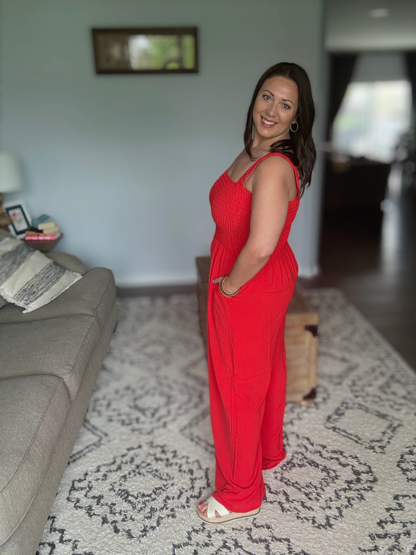 ADORA Smocking Top Wide Leg Jumpsuit in Poppy Red - Full Size