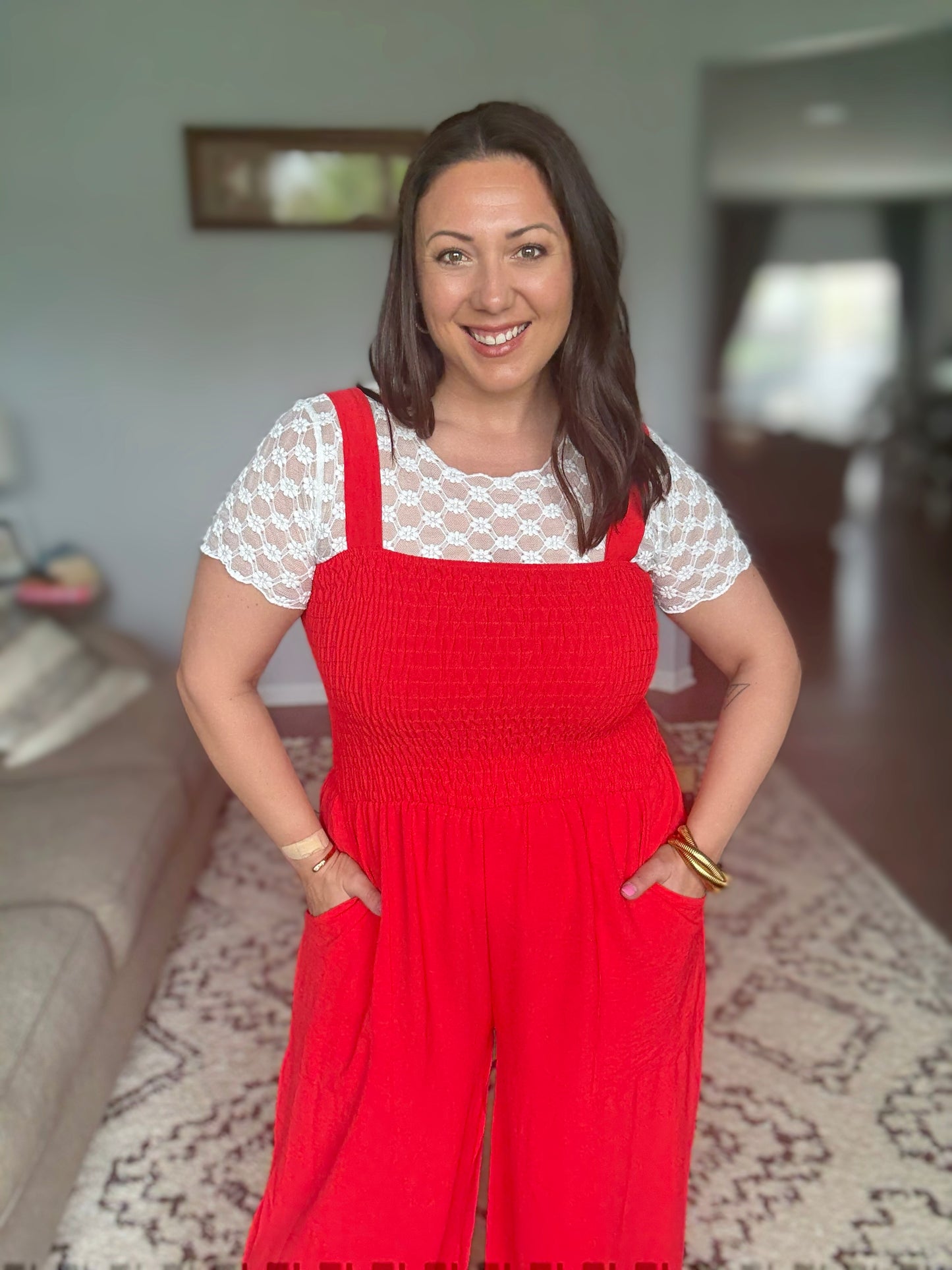 ADORA Smocking Top Wide Leg Jumpsuit in Poppy Red - Full Size