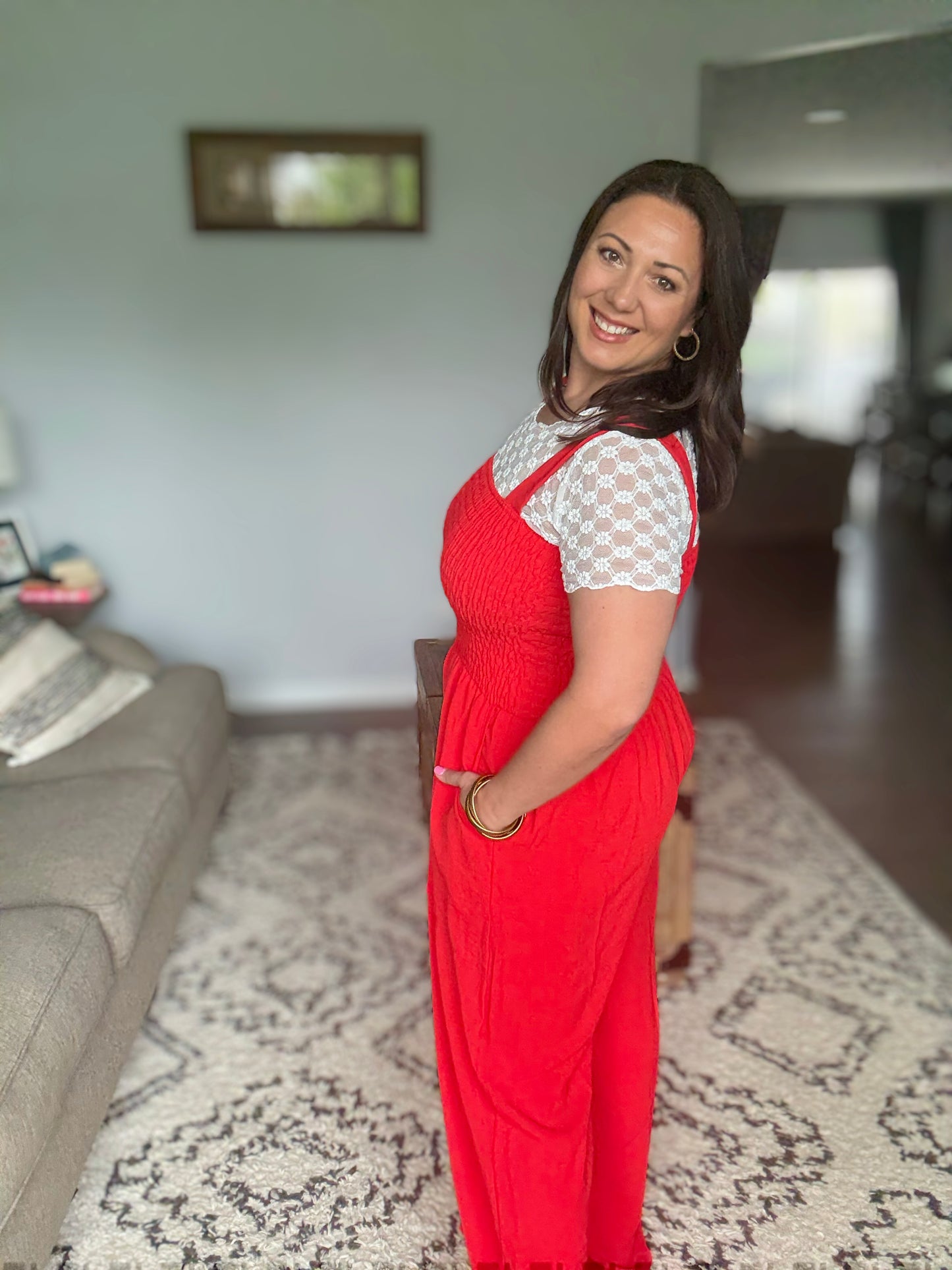 ADORA Smocking Top Wide Leg Jumpsuit in Poppy Red - Full Size