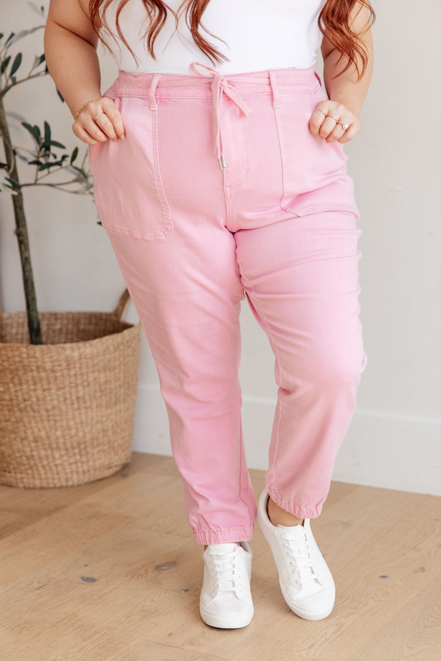 Regina High Rise Garment Dyed Pink Denim Jogger
